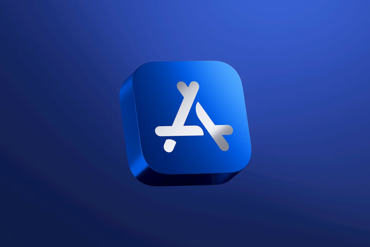 Apple's marketing image showing a 3D icon for the App Store set against a blue gradient background
