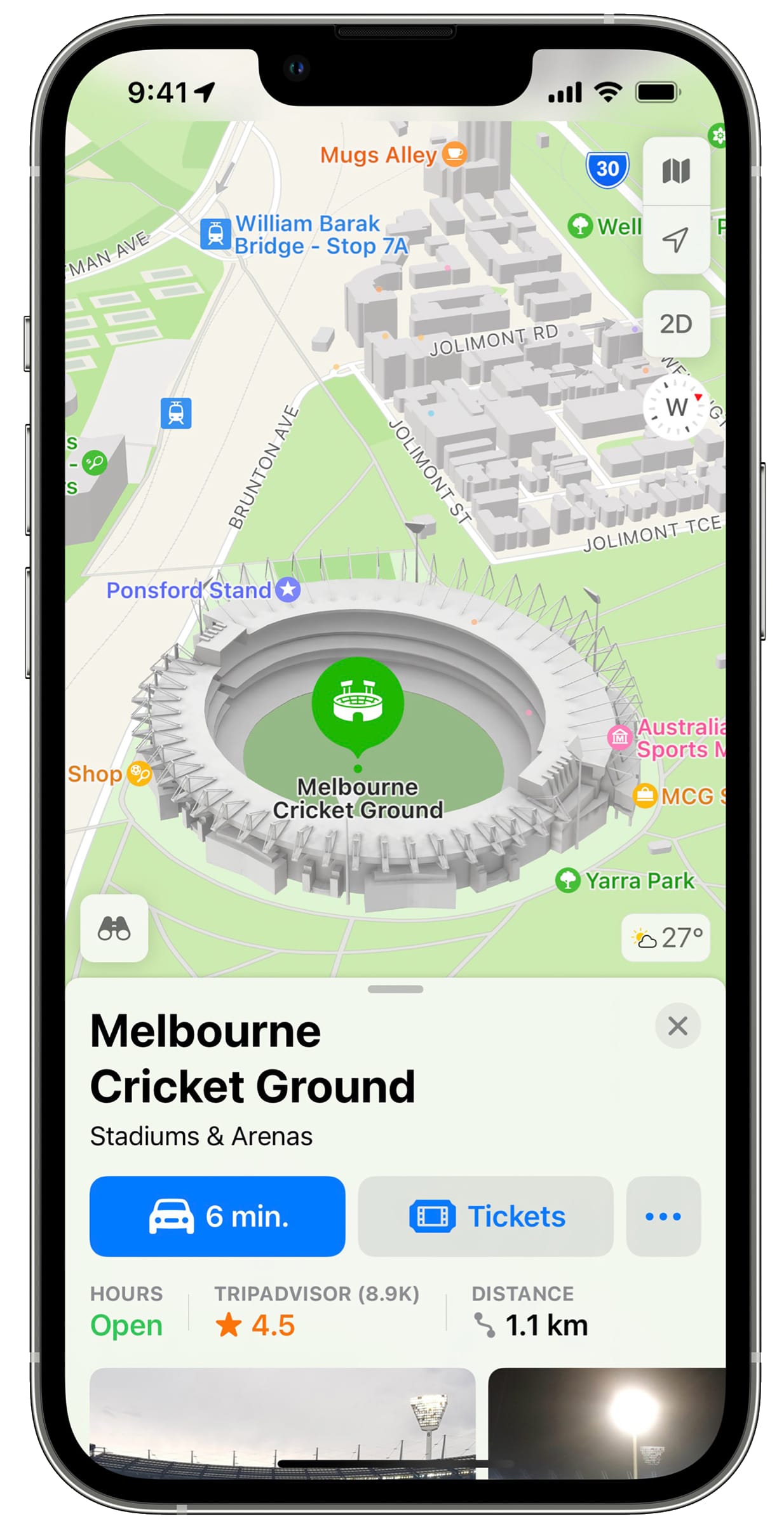 iPhone screenshot showing Melbourne CricketGround in 3D on Apple Maps in Australia
