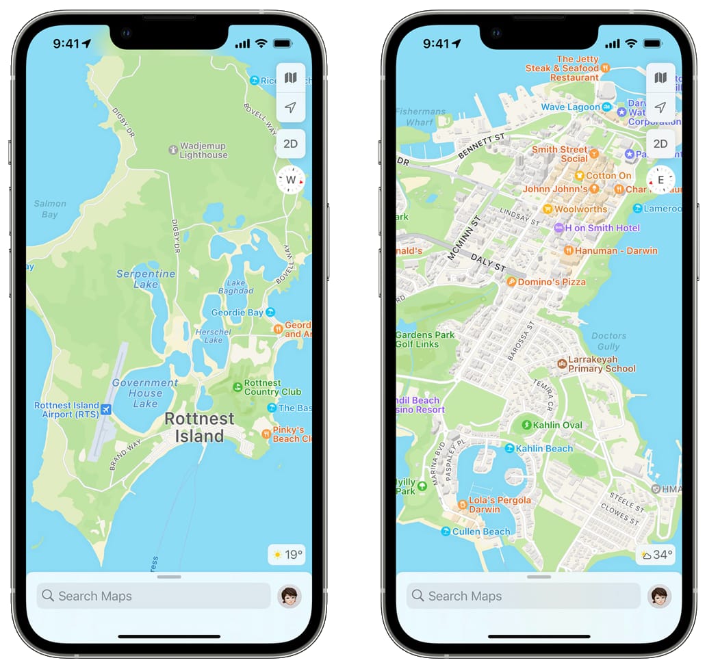 Two iPhone screenshots showing richer details on Apple Maps in Australia