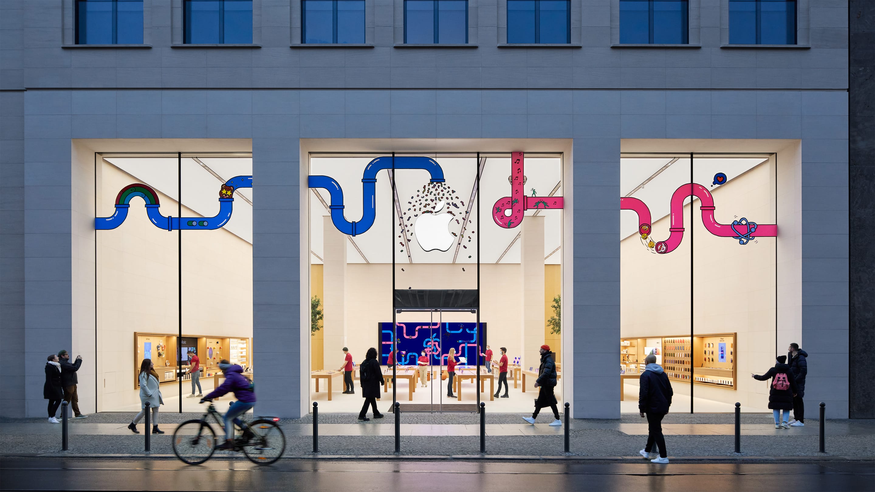 A photograph showing the exterior storefront of Apple's Rosenthaler Straße retail store in Berlin, Germany 