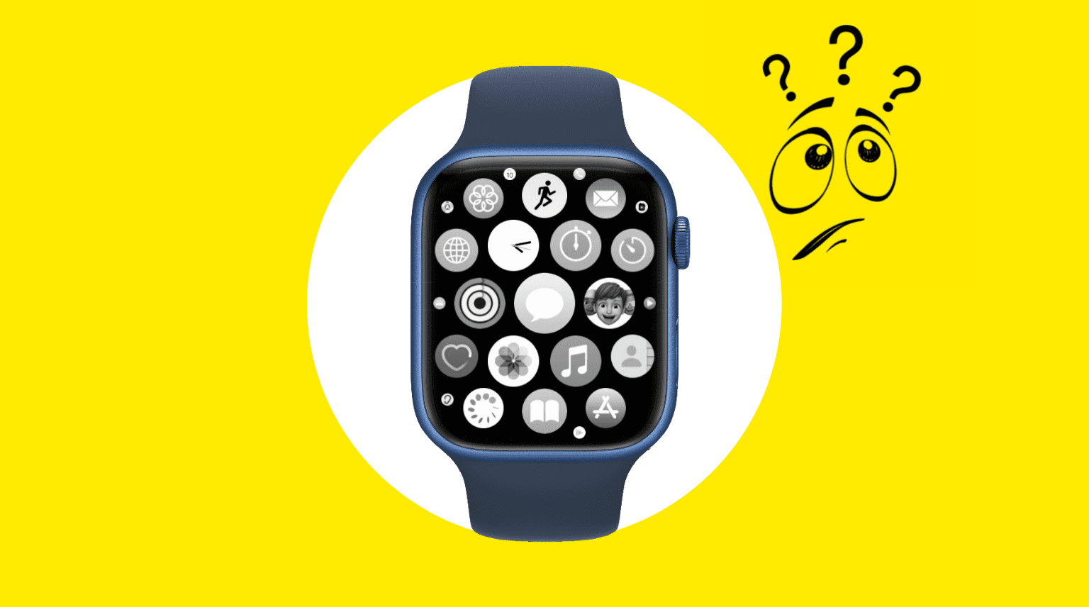 Apple Watch with black and white app bubble on a yellow background with sad face showing apps not working