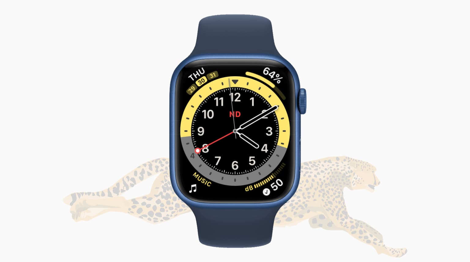Apple Watch on a light background with faint Cheetah showing fast speed