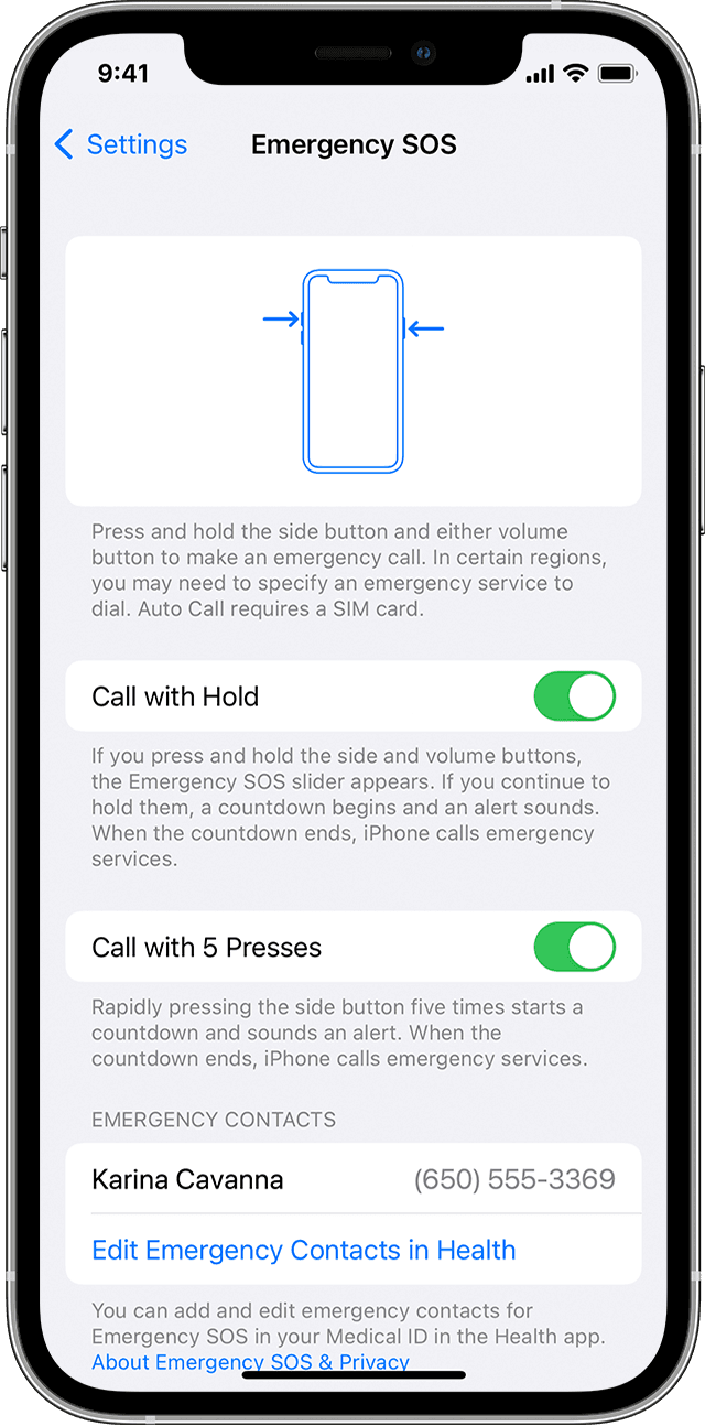 The Emergency SOS settings on iPhone with iOS 15.2