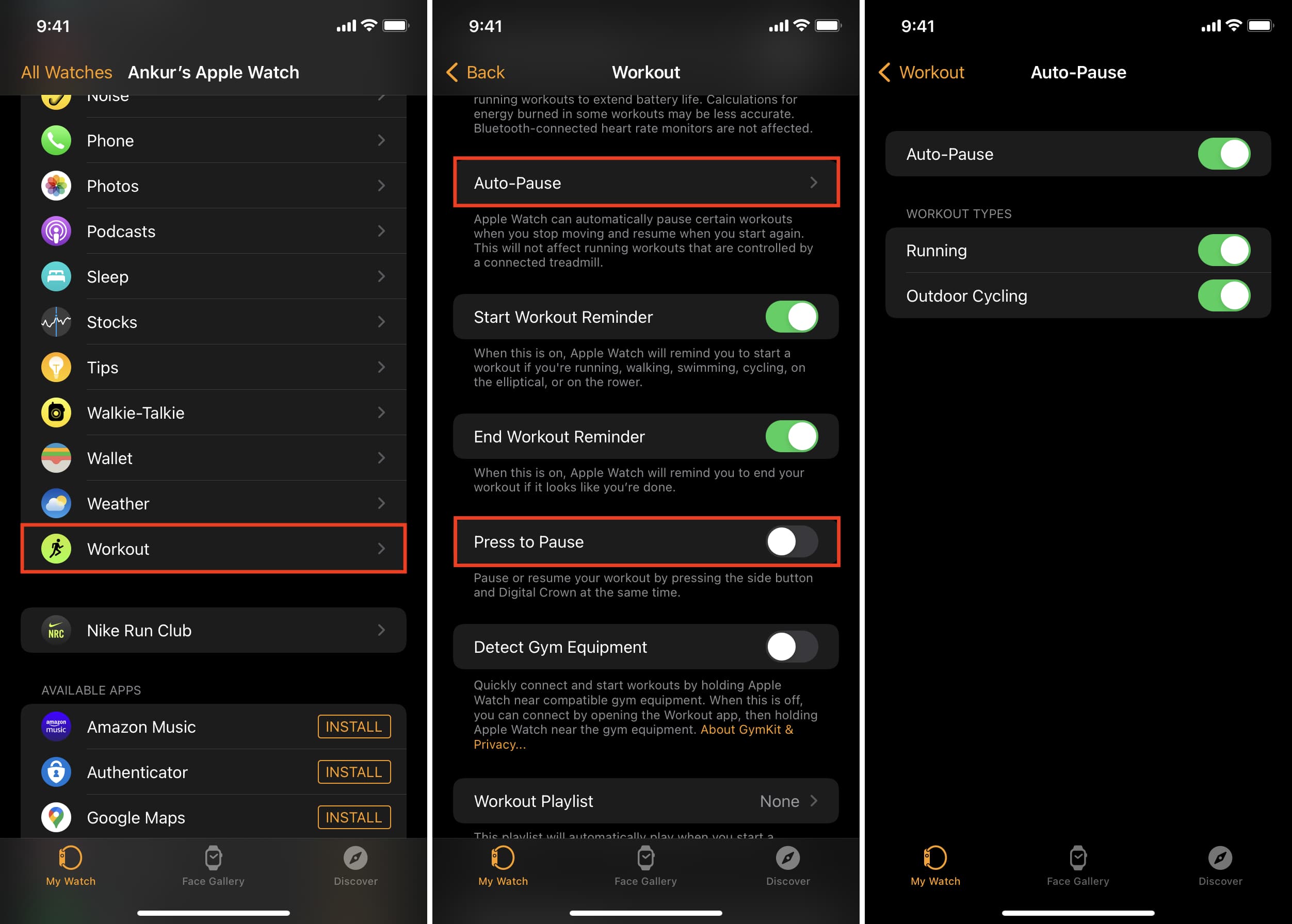 Auto-Pause and Press to Pause in Workout Settings on Apple Watch