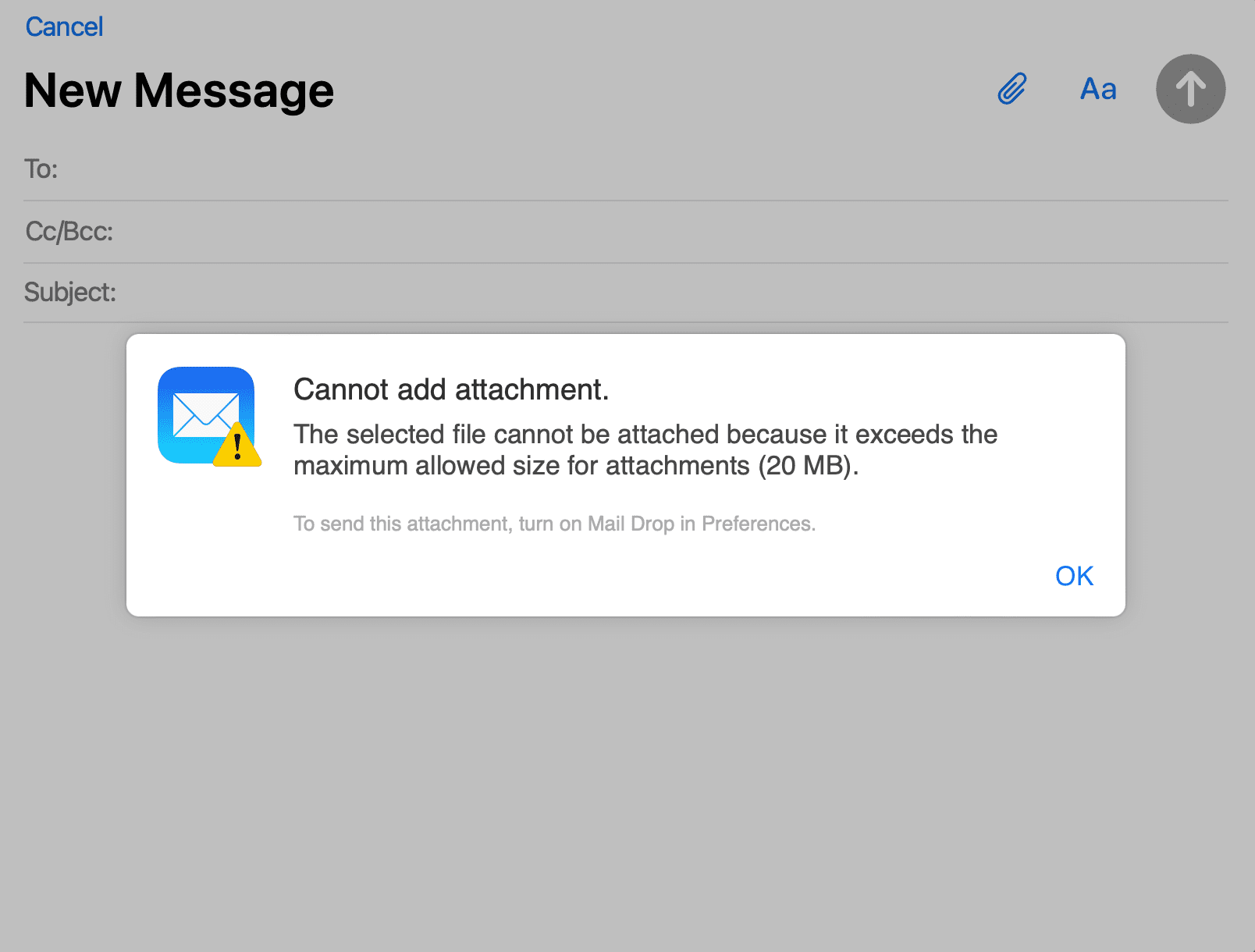 Cannot add attachment popup in iCloud Mail