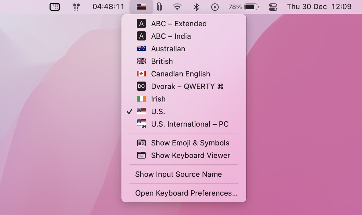 Change keyboard from Mac menu bar