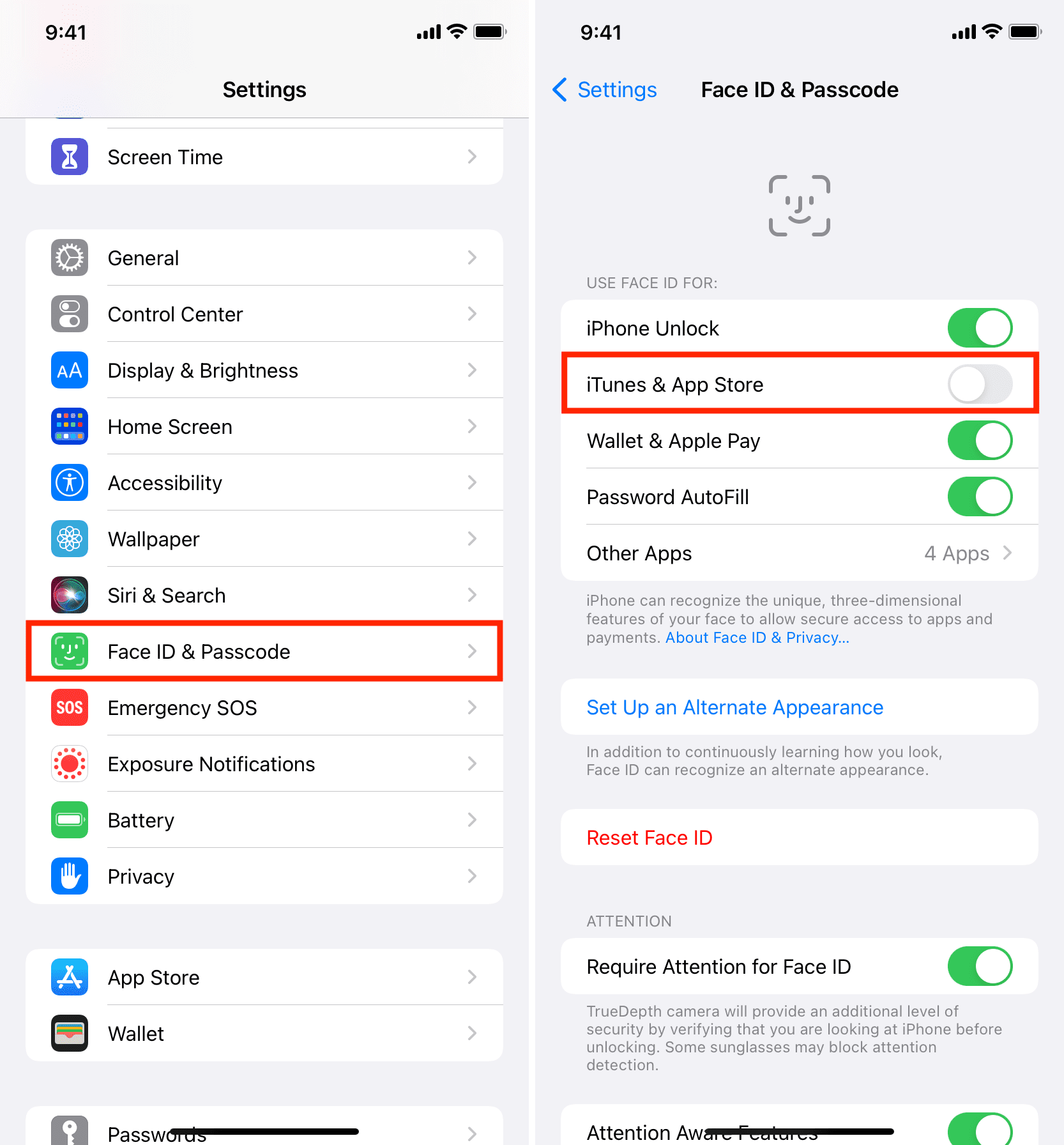 Disable iTunes and App Store Face ID Settings on iPhone