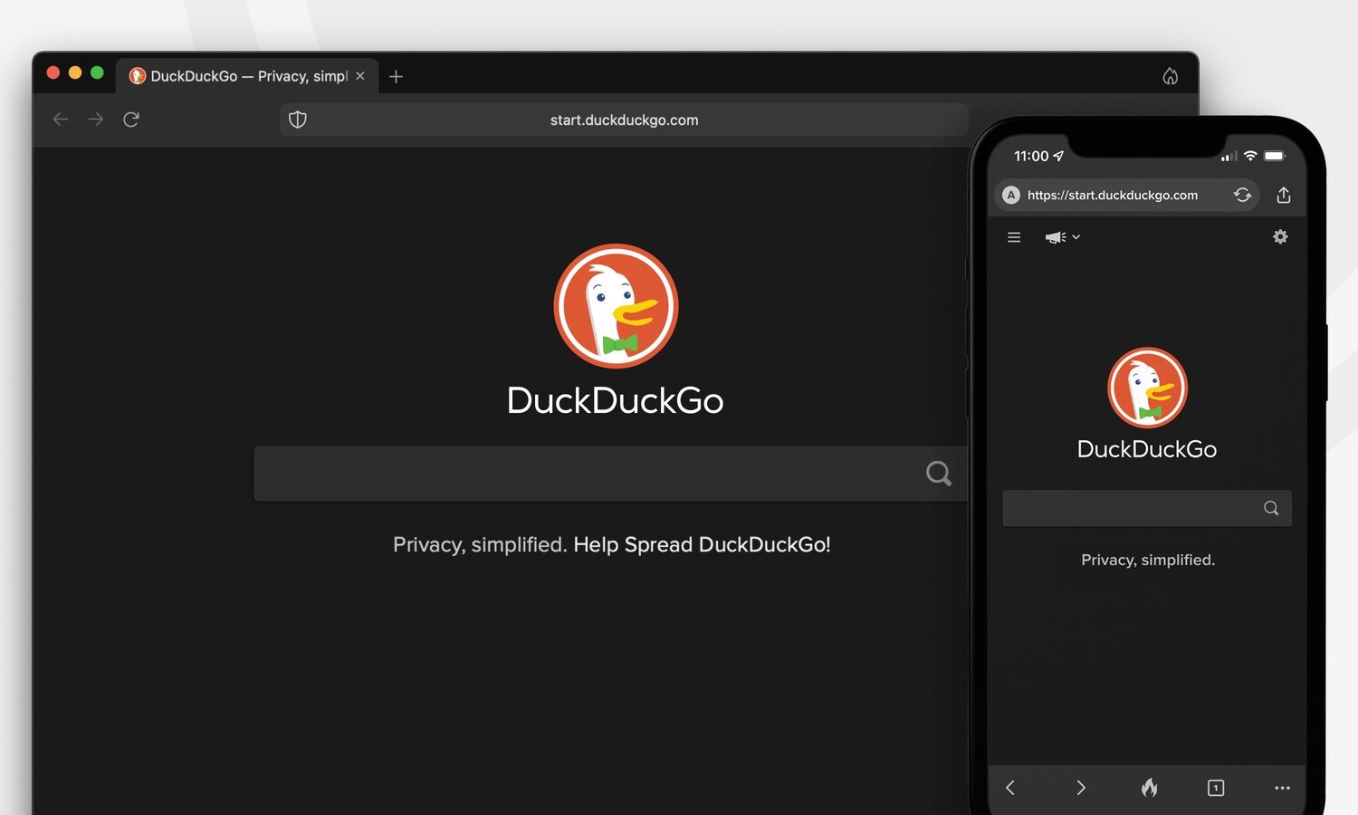 Promotional image showing the DuckDuckGo browser on Mac and iPhone