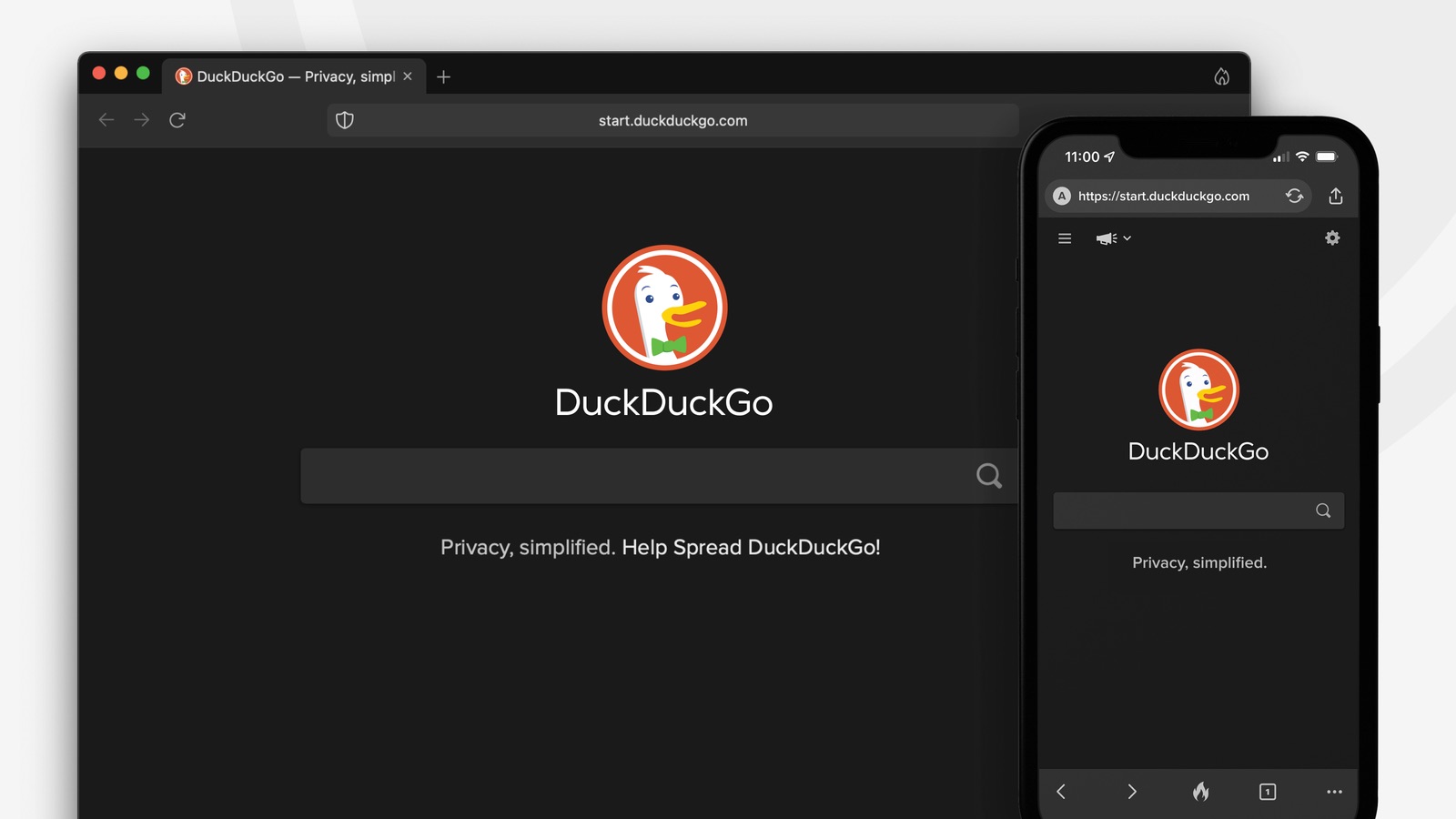 Promotional image showing the DuckDuckGo browser on Mac and iPhone