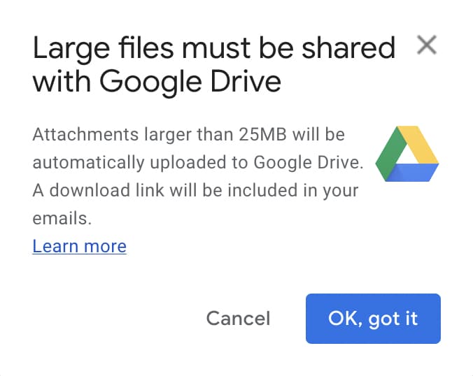 Gmail large files popup