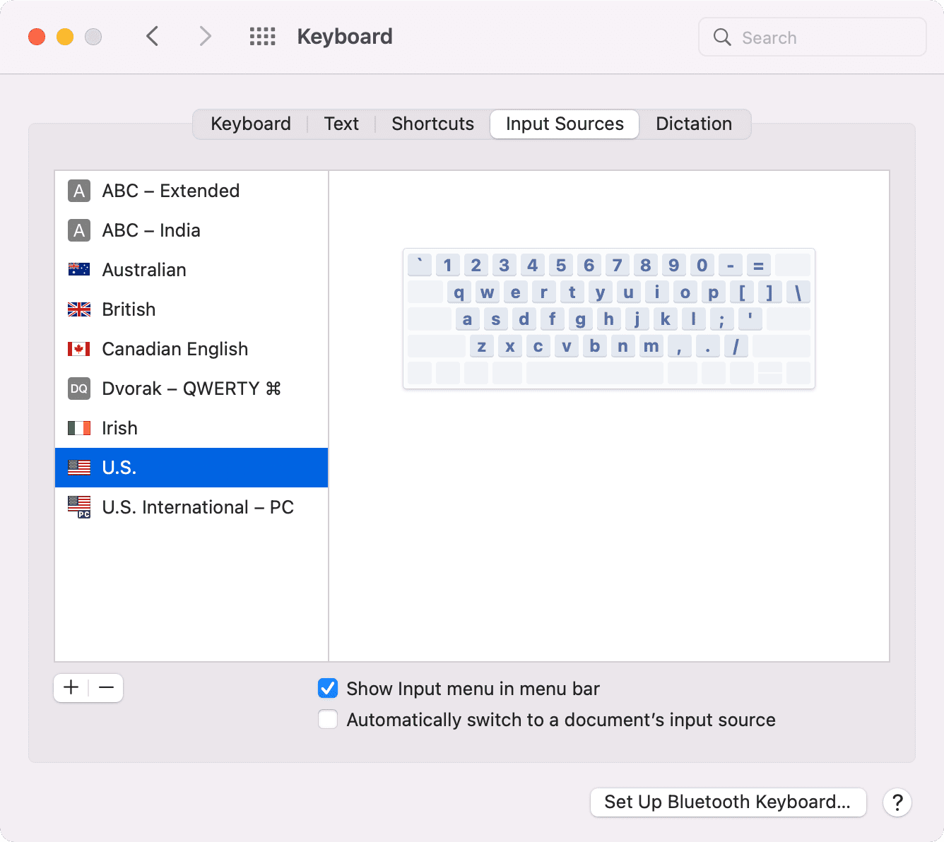 Input Sources in Keyboard Preferences on Mac