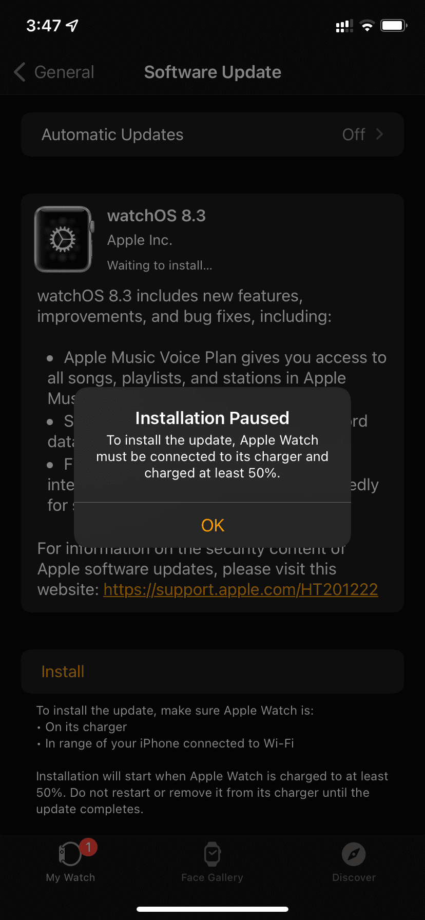 Installation Paused on Apple Watch