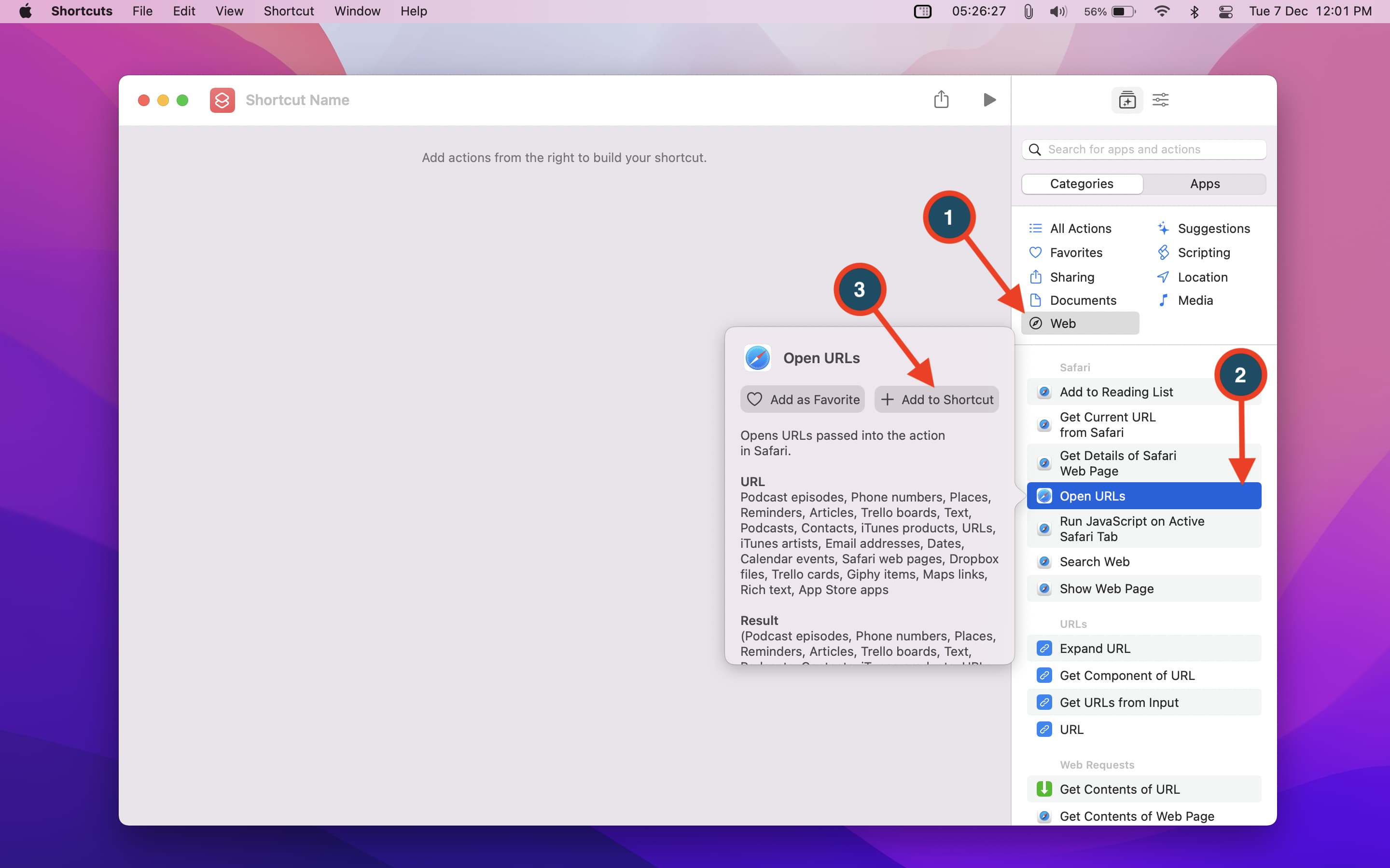 Add Open URLs action to Shortcuts on Mac