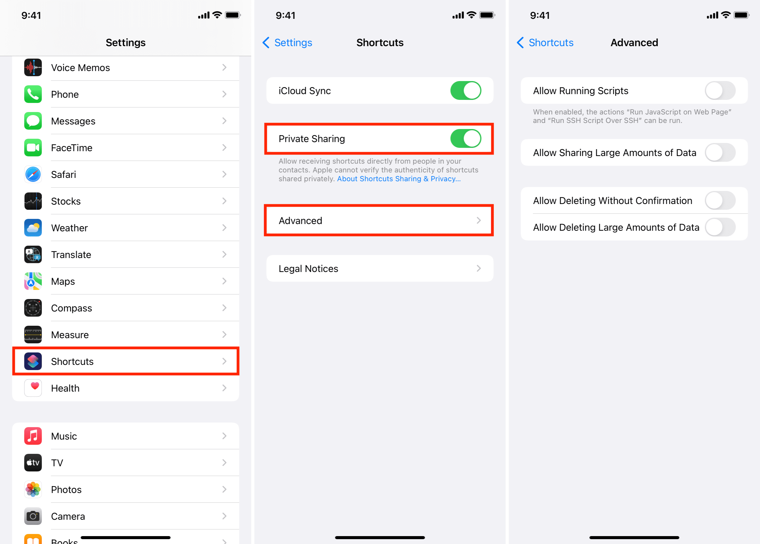 Private Sharing in Shortcut Settings on iPhone in iOS 15 and later