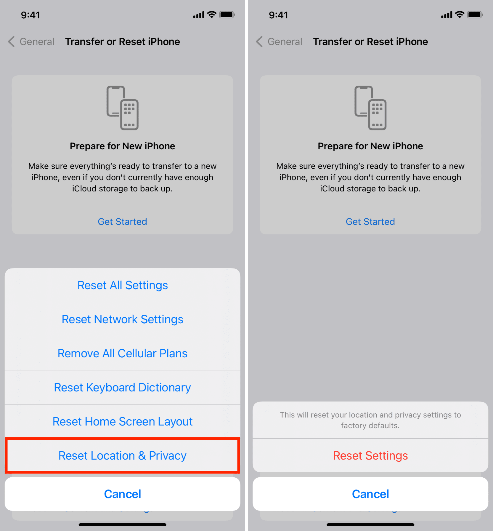 How do I reset location settings on iOS?