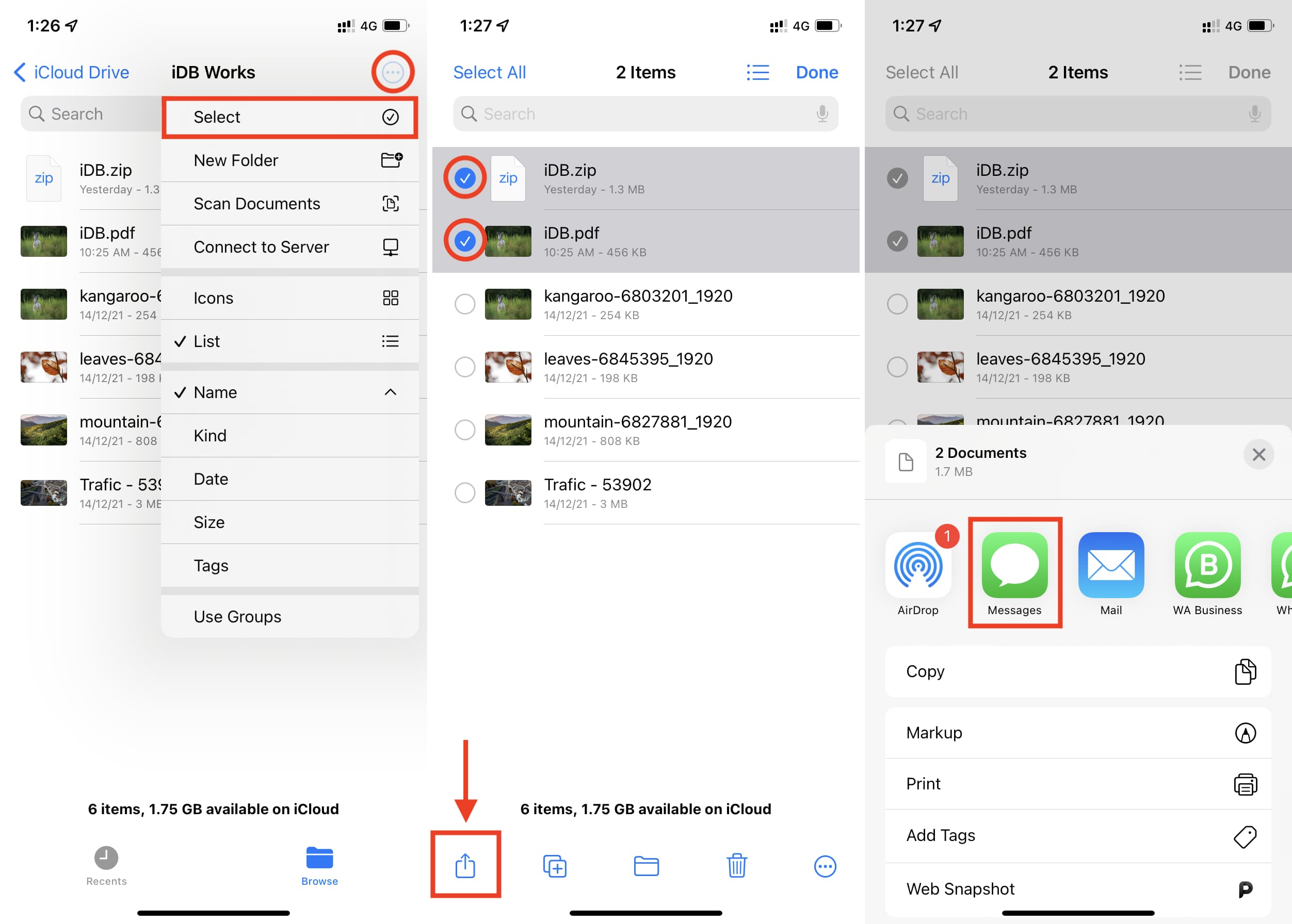 Select PDF, ZIP, and other files in iPhone Files app to send on iMessage
