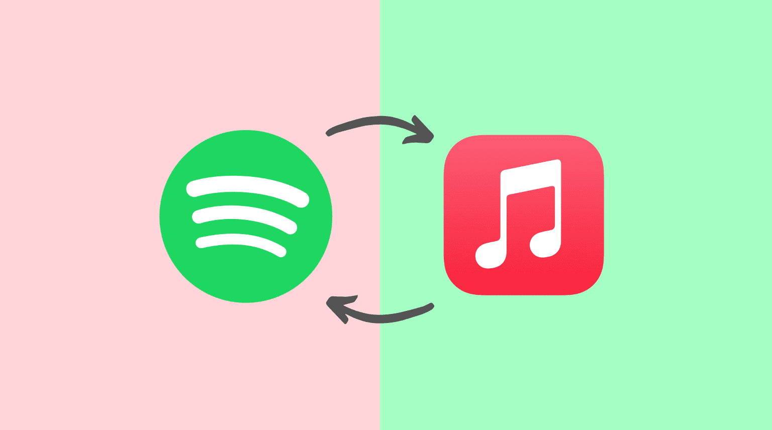 Spotify and Apple Music logos on light background with two arrows showing song transfer between them