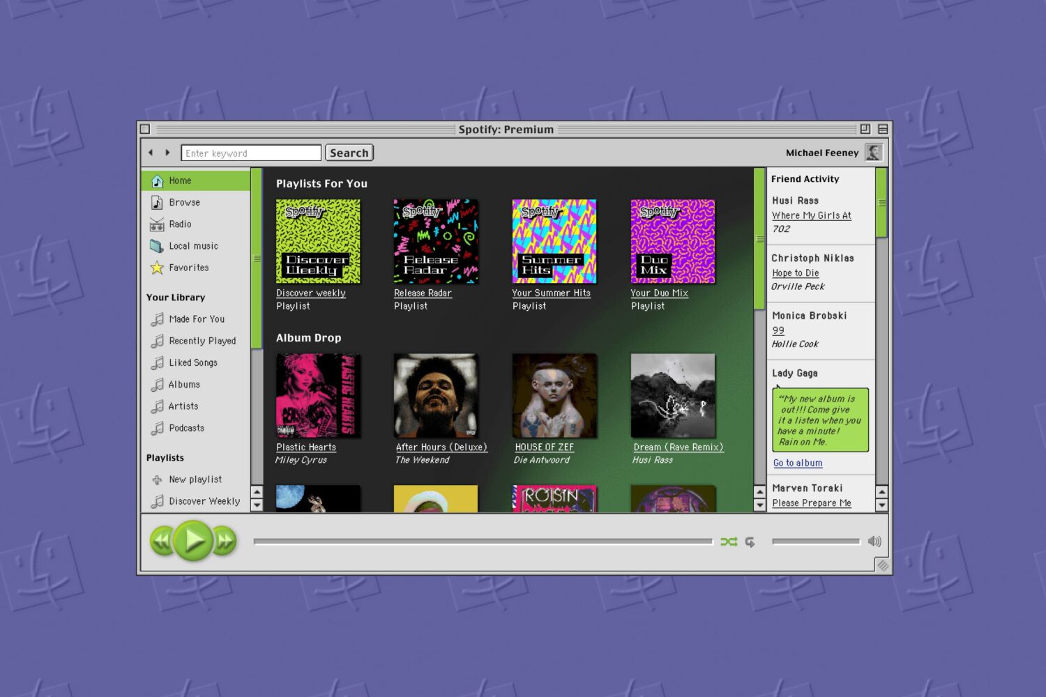 A mockup by graphic designer Michael Feeney reimagining what Spotify for macOS would have looked liked in the Mac OS 9 era back in 1999