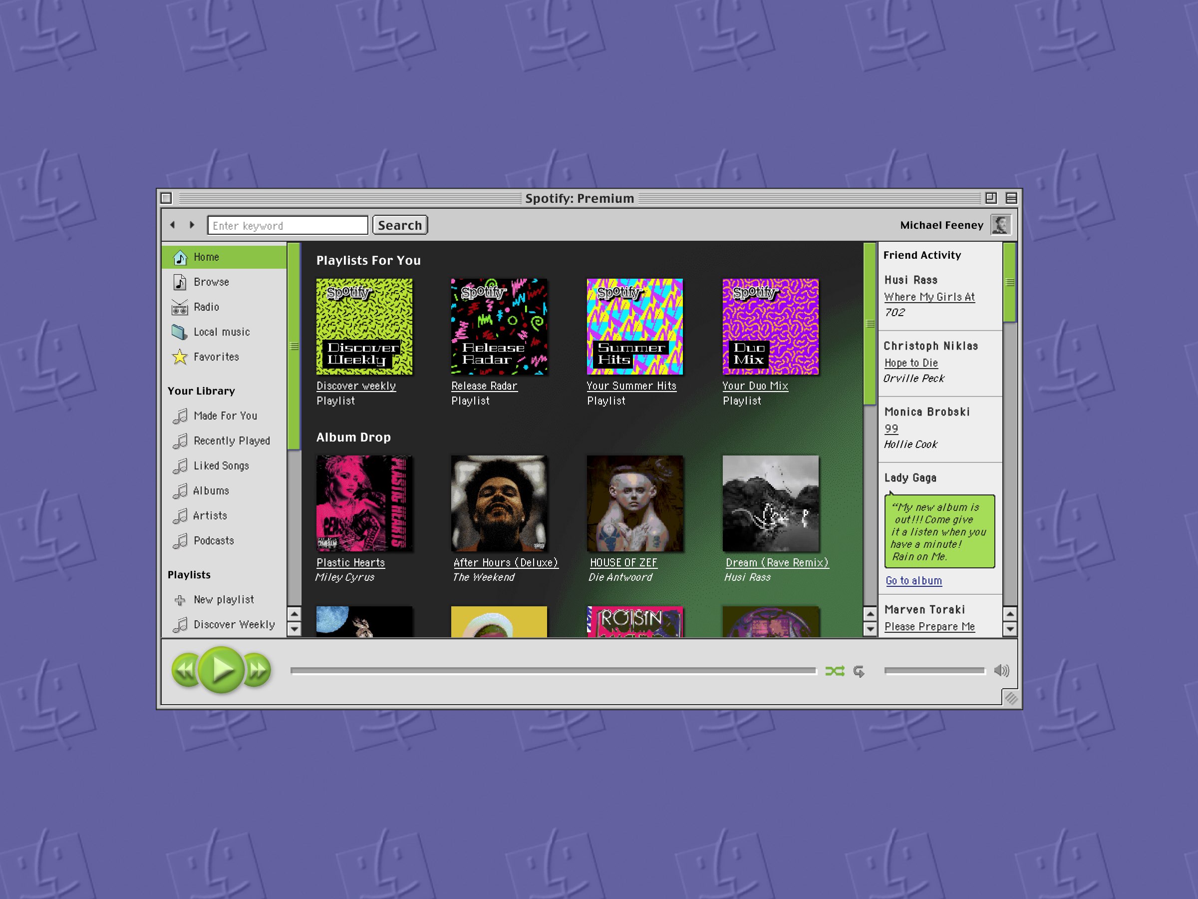A mockup by graphic designer Michael Feeney reimagining what Spotify for macOS would have looked liked in the Mac OS 9 era back in 1999