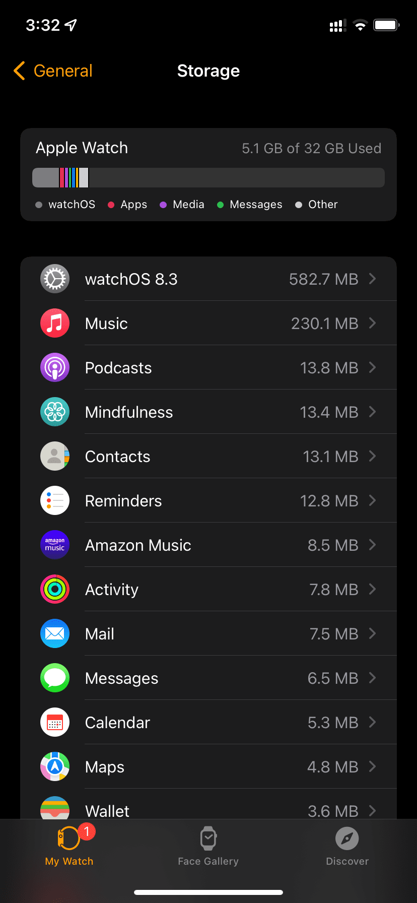 Storage settings on Apple Watch
