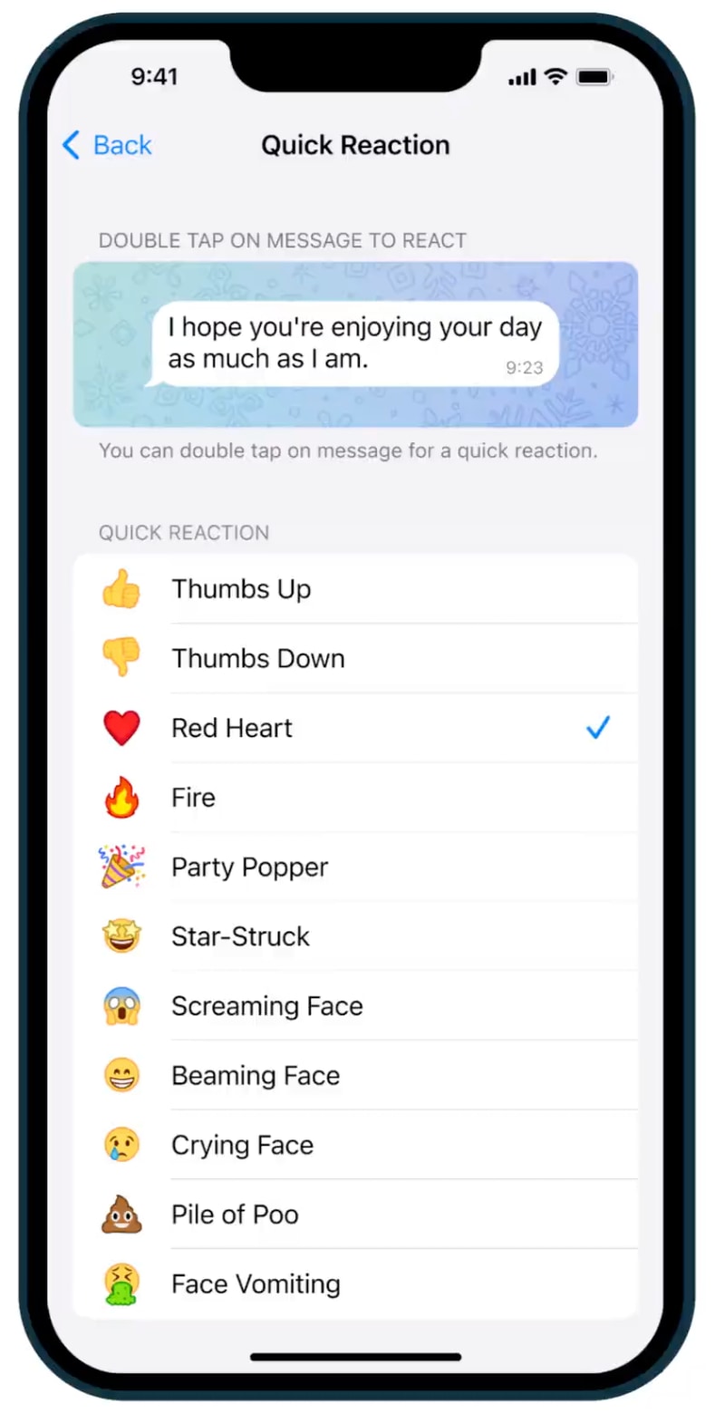 A screenshot of Telegram for iPhone showing assigning the default emoji reaction to the double-tap gesture