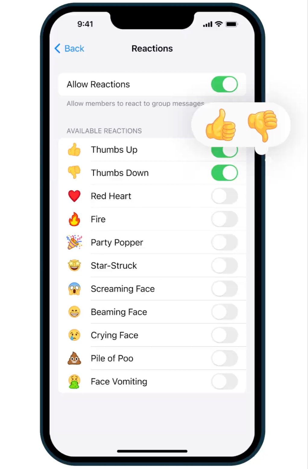 A screenshot of Telegram for iPhone showing how to turn available emoji reactions on or off for a group chat