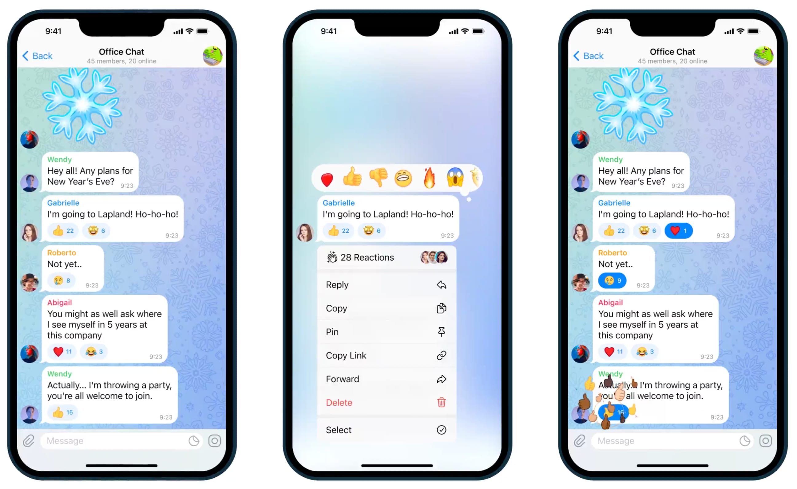 Three iPhone screenshots showing how to apply Telegram message reactions with emoticons