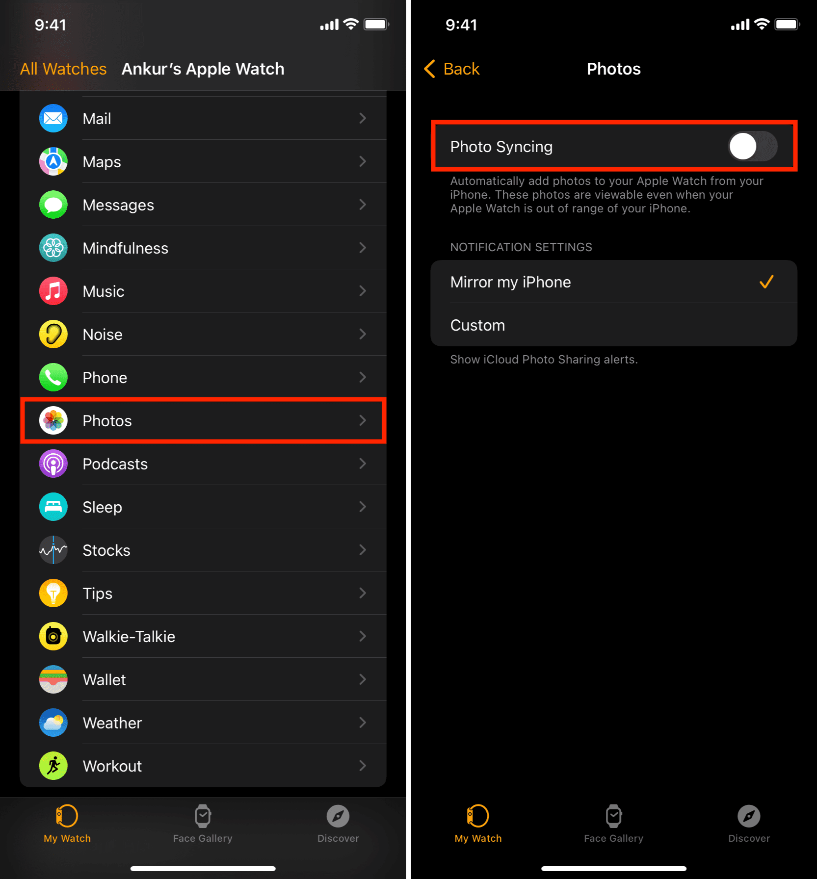 Turn off Photo Syncing on Apple Watch