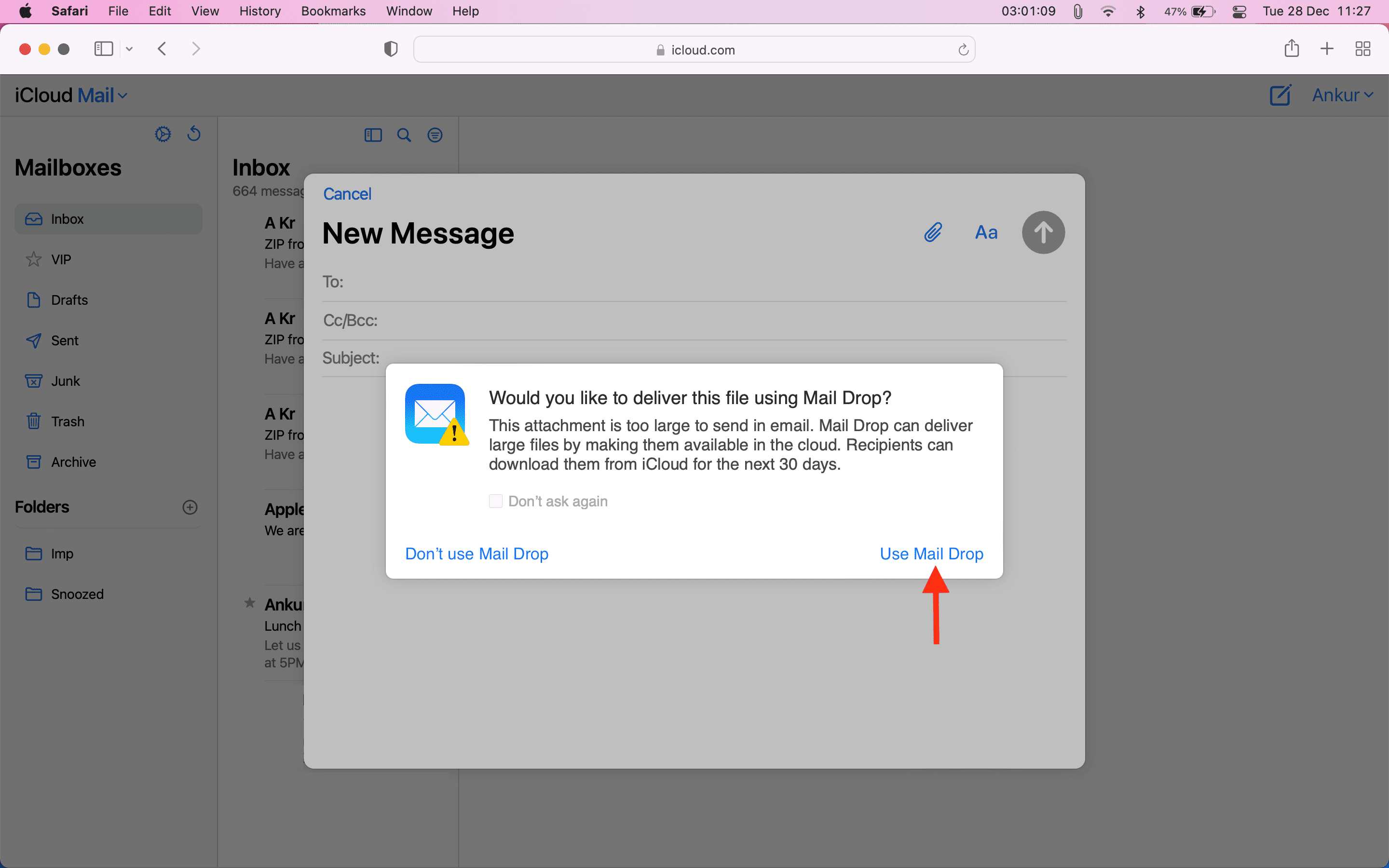 Use Mail Drop popup on Mac