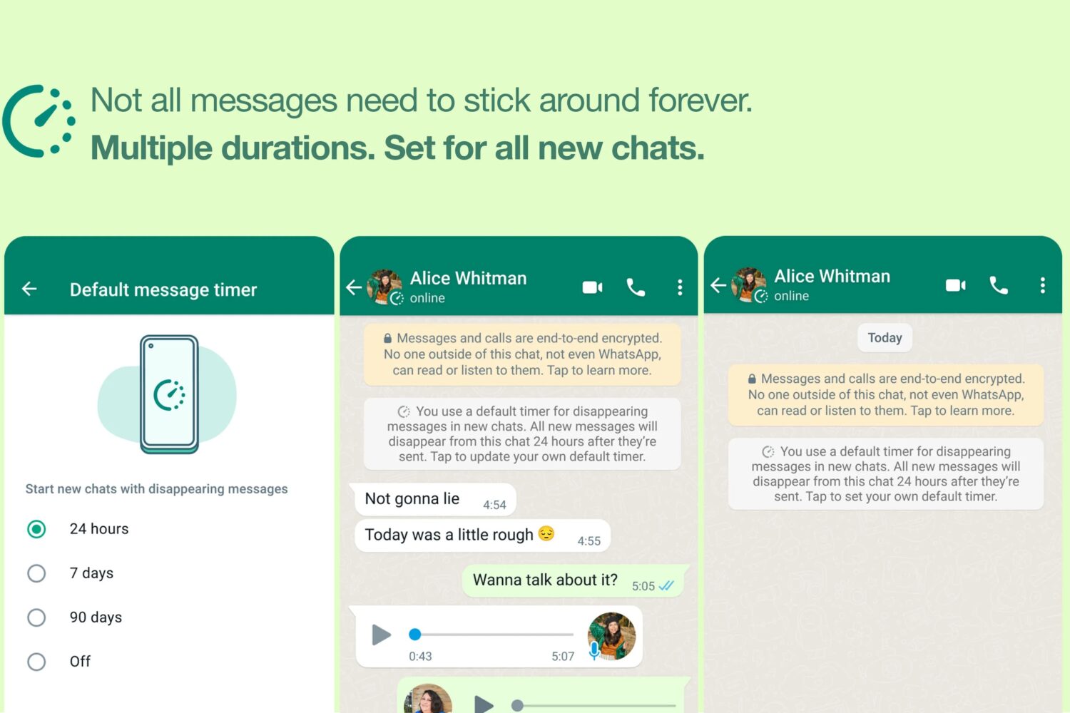 Marketing image showing the main features of WhatsApp's disappearing messages with multiple durations