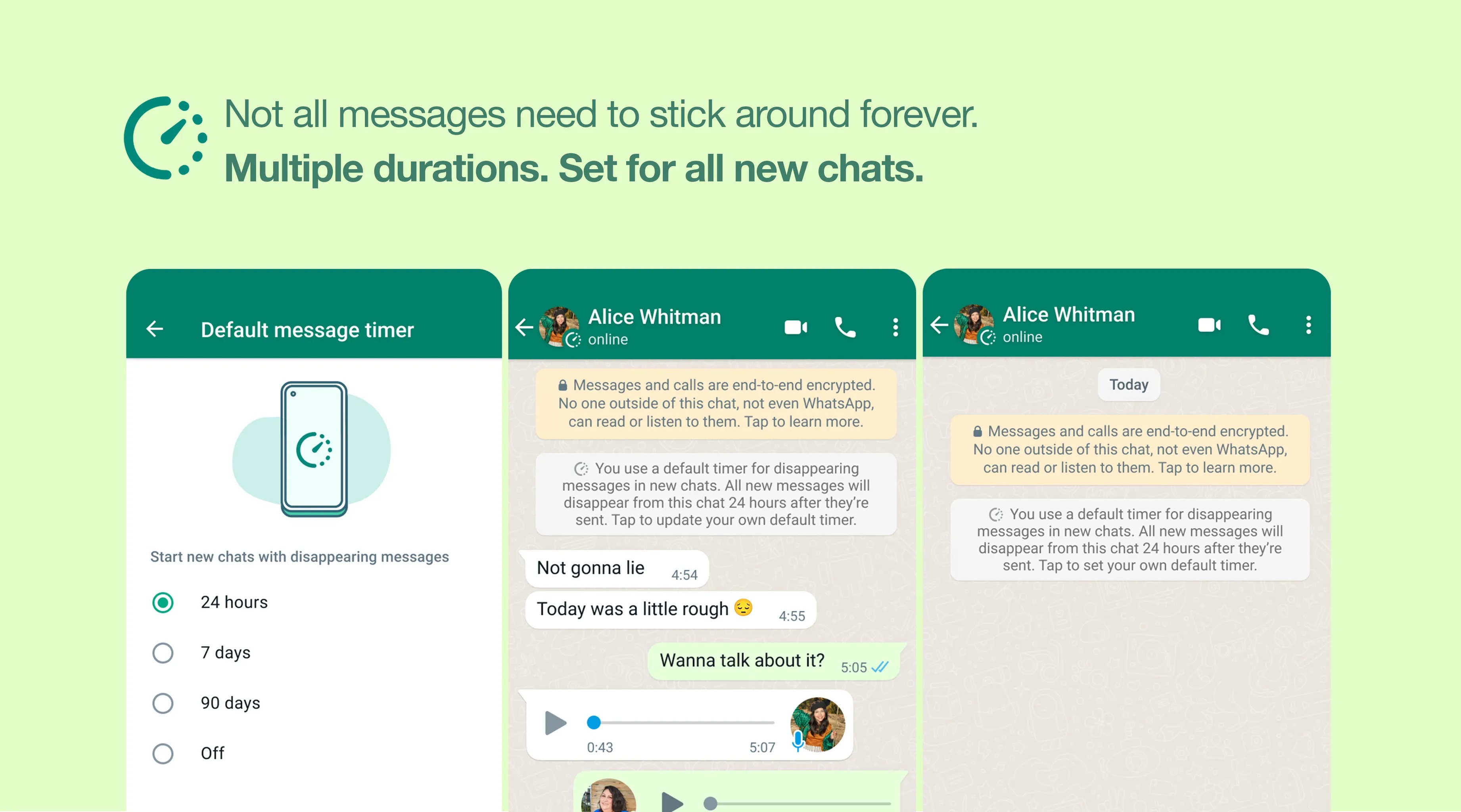 Marketing image showing the main features of WhatsApp's disappearing messages with multiple durations