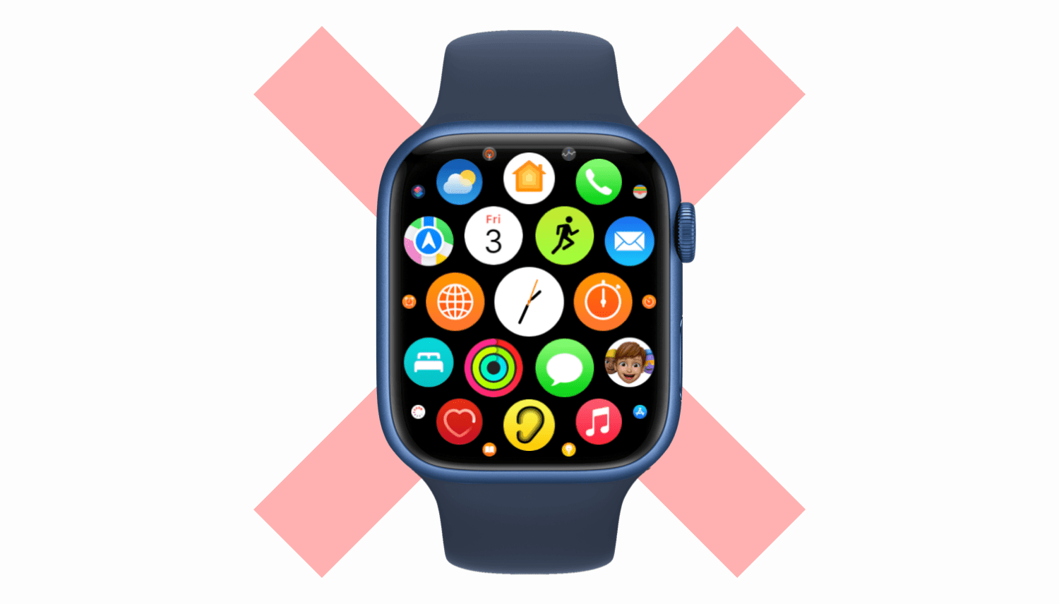 Apple Watch with many apps on a light gray background with faint red cross