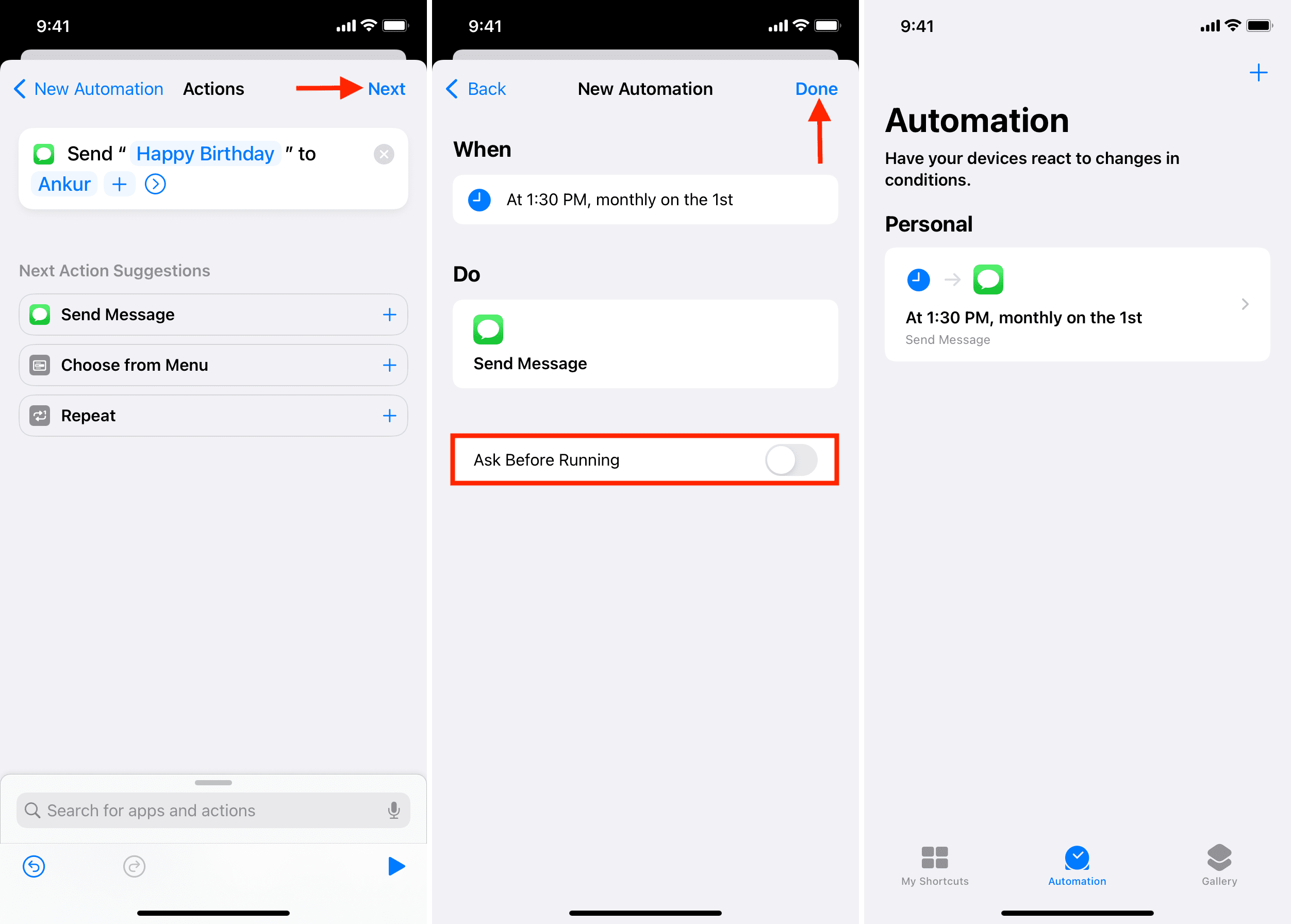 Scheduled Message automation successfully created on iPhone