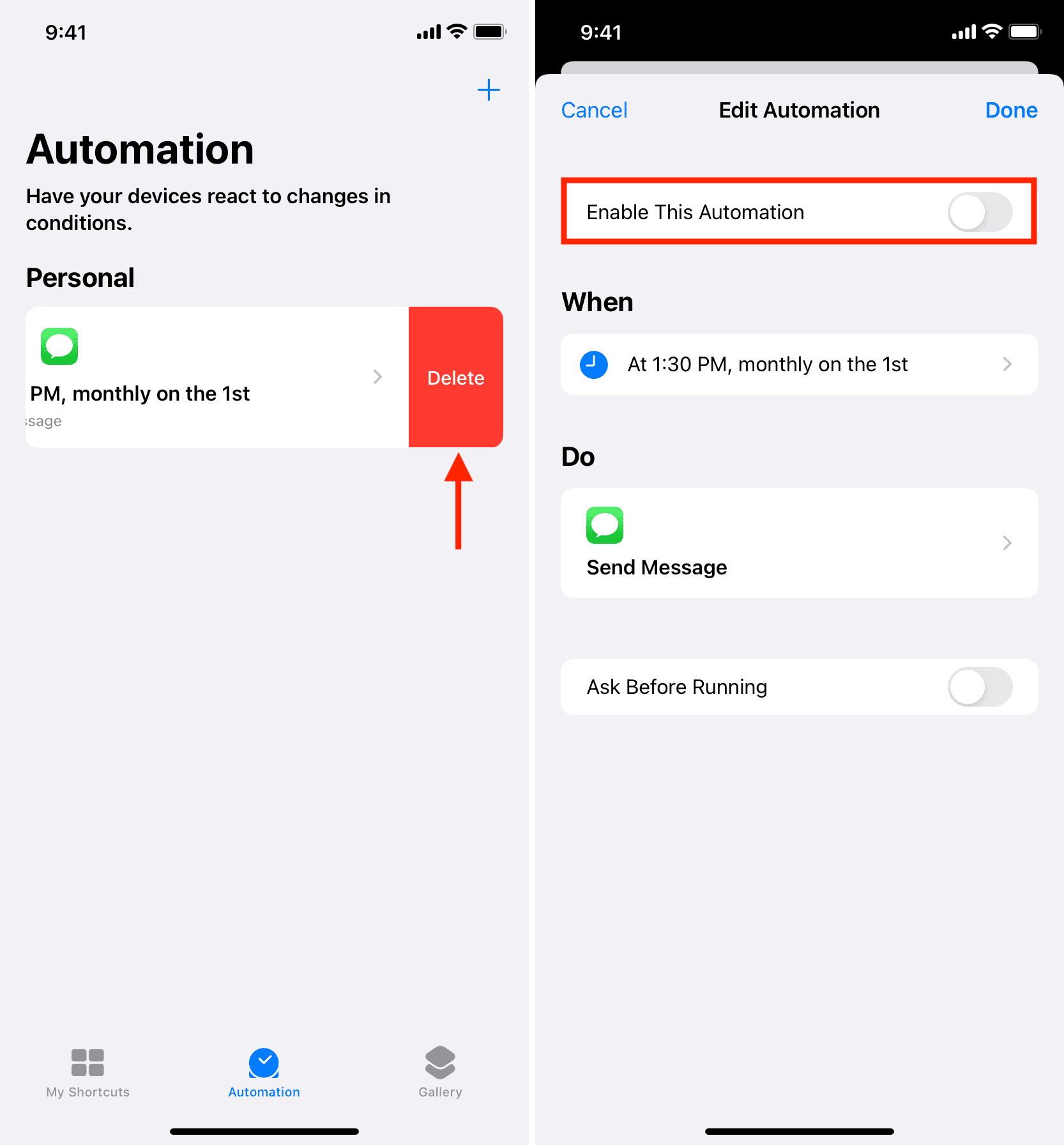 Disable or delete scheduled message automation