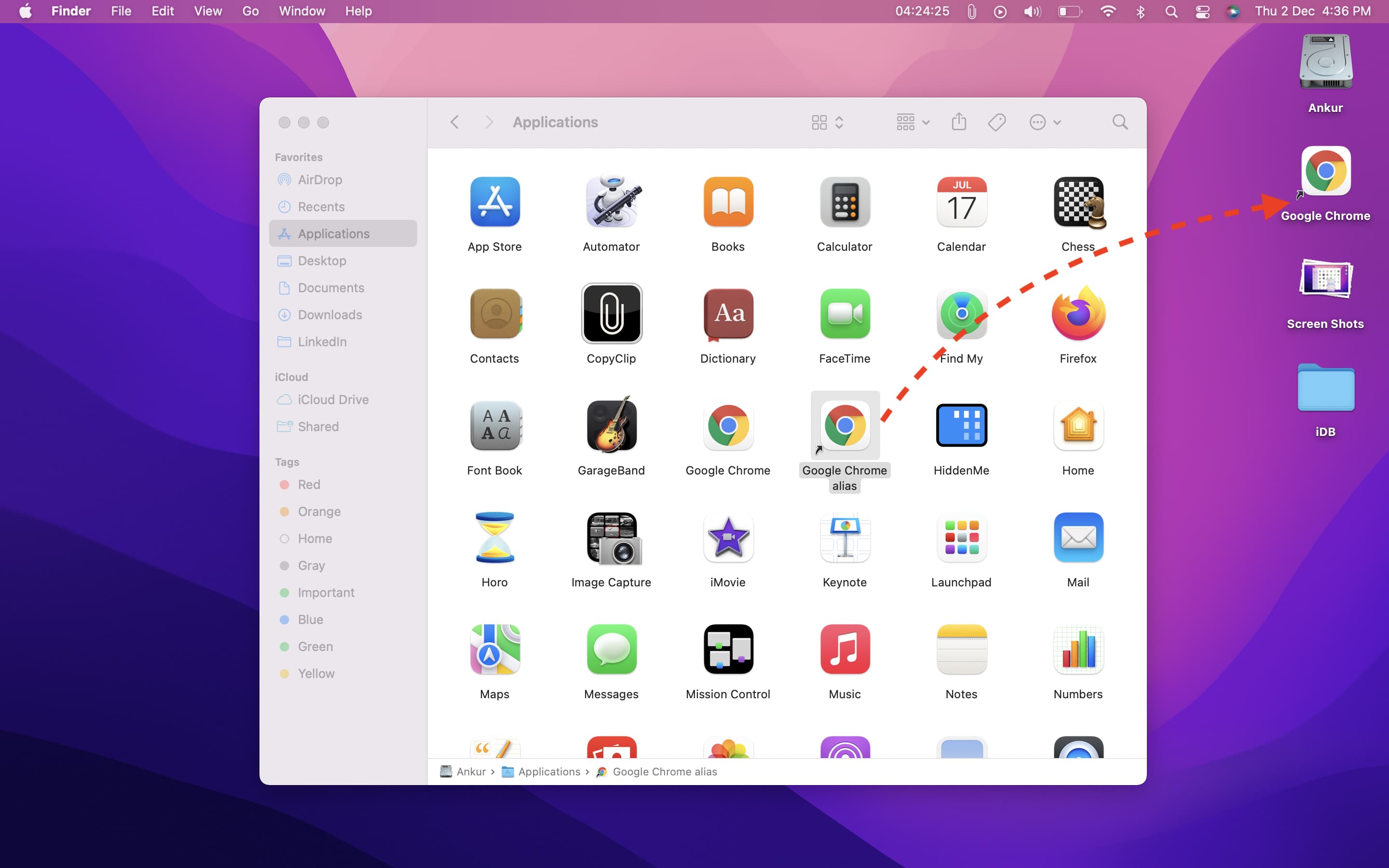 Drag alias app icon to Mac's desktop or folder