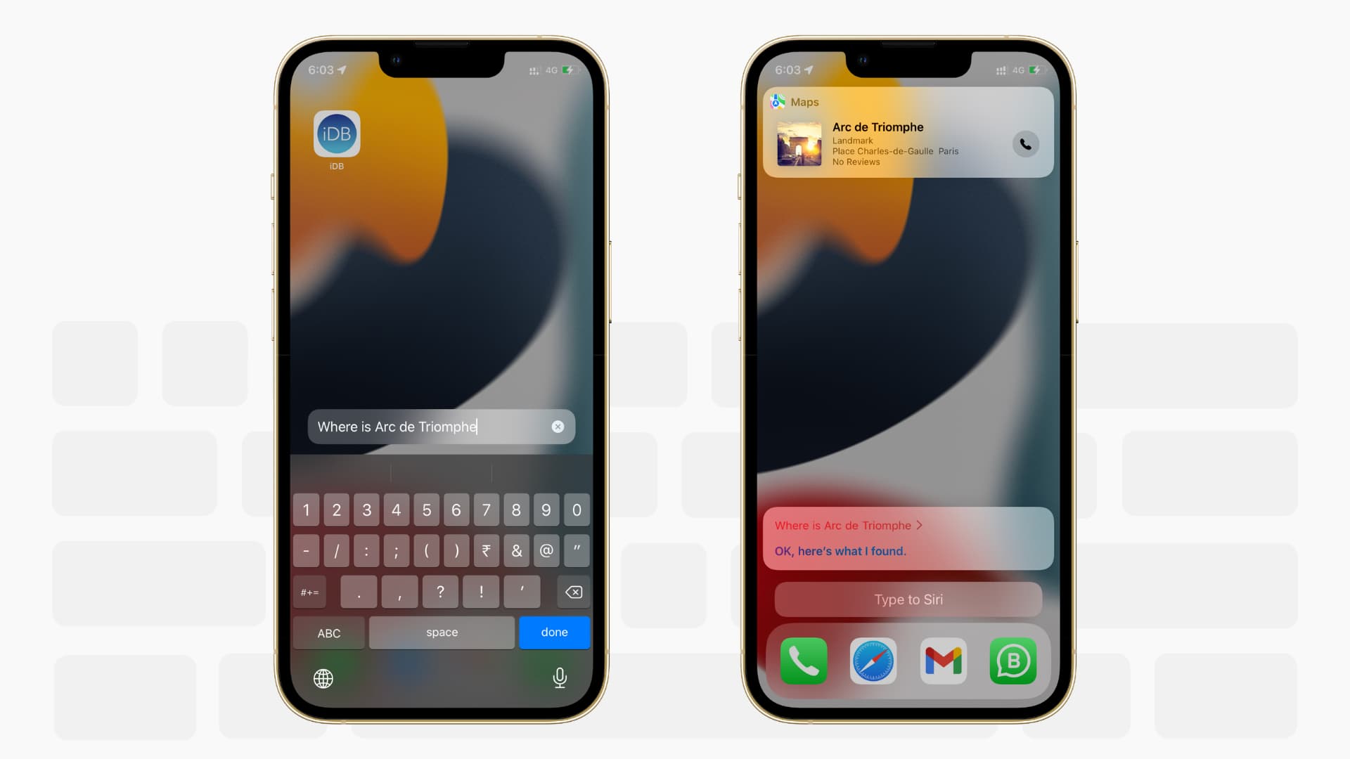 Two iPhones showing the Type to Siri feature working successfully