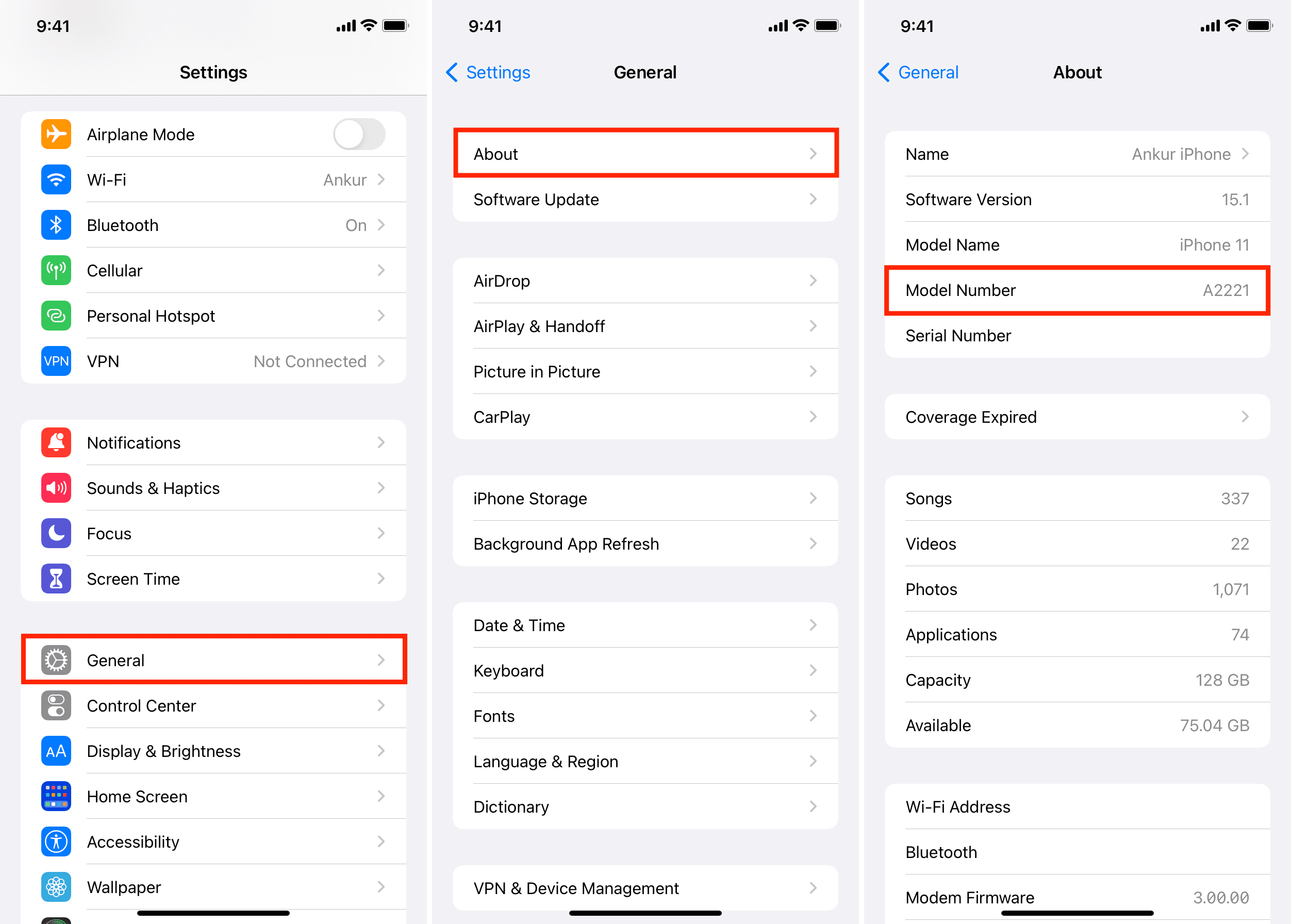How to see iPhone model number in Settings app