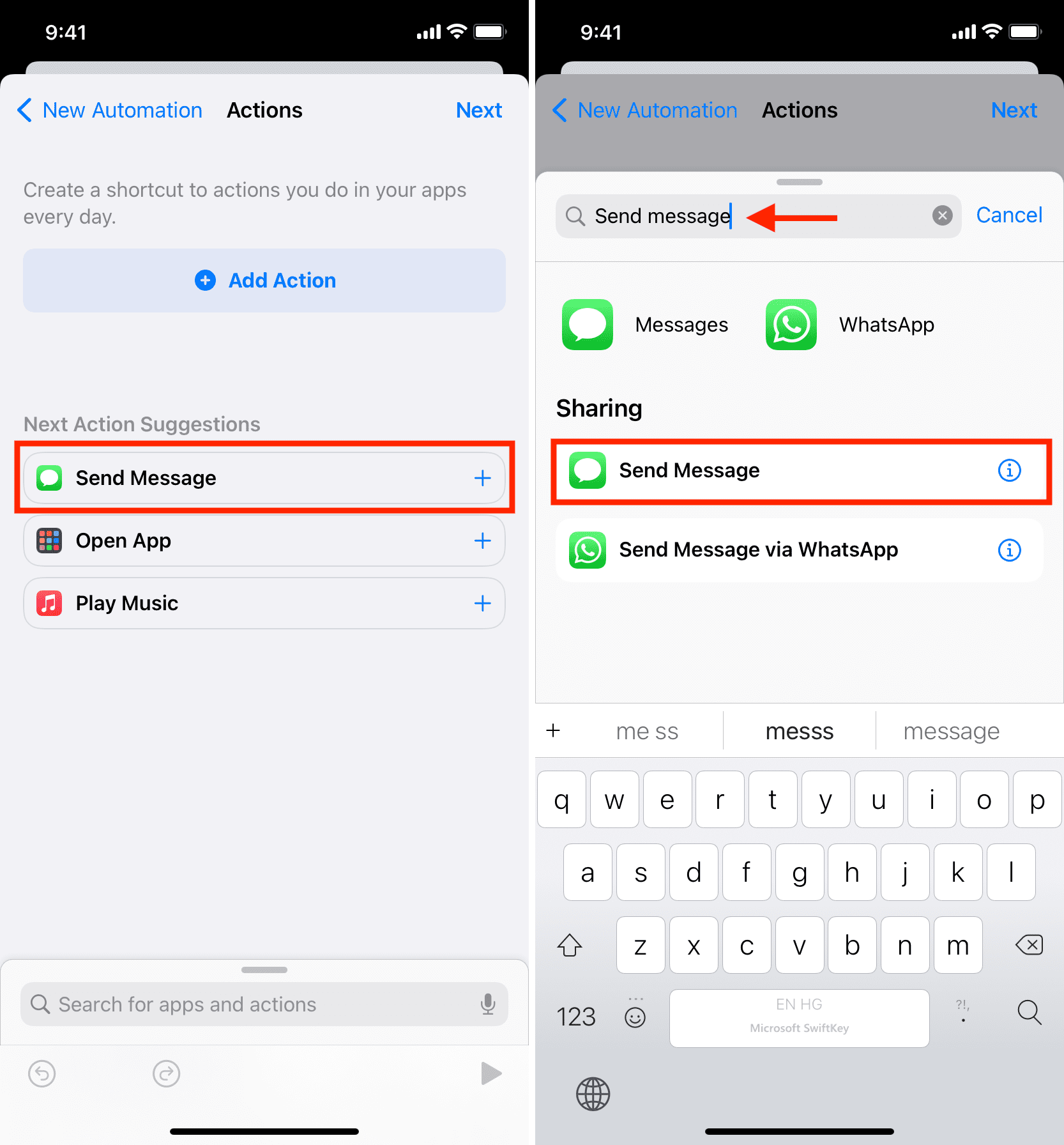 Send Message action in Shortcuts automation on iPhone
