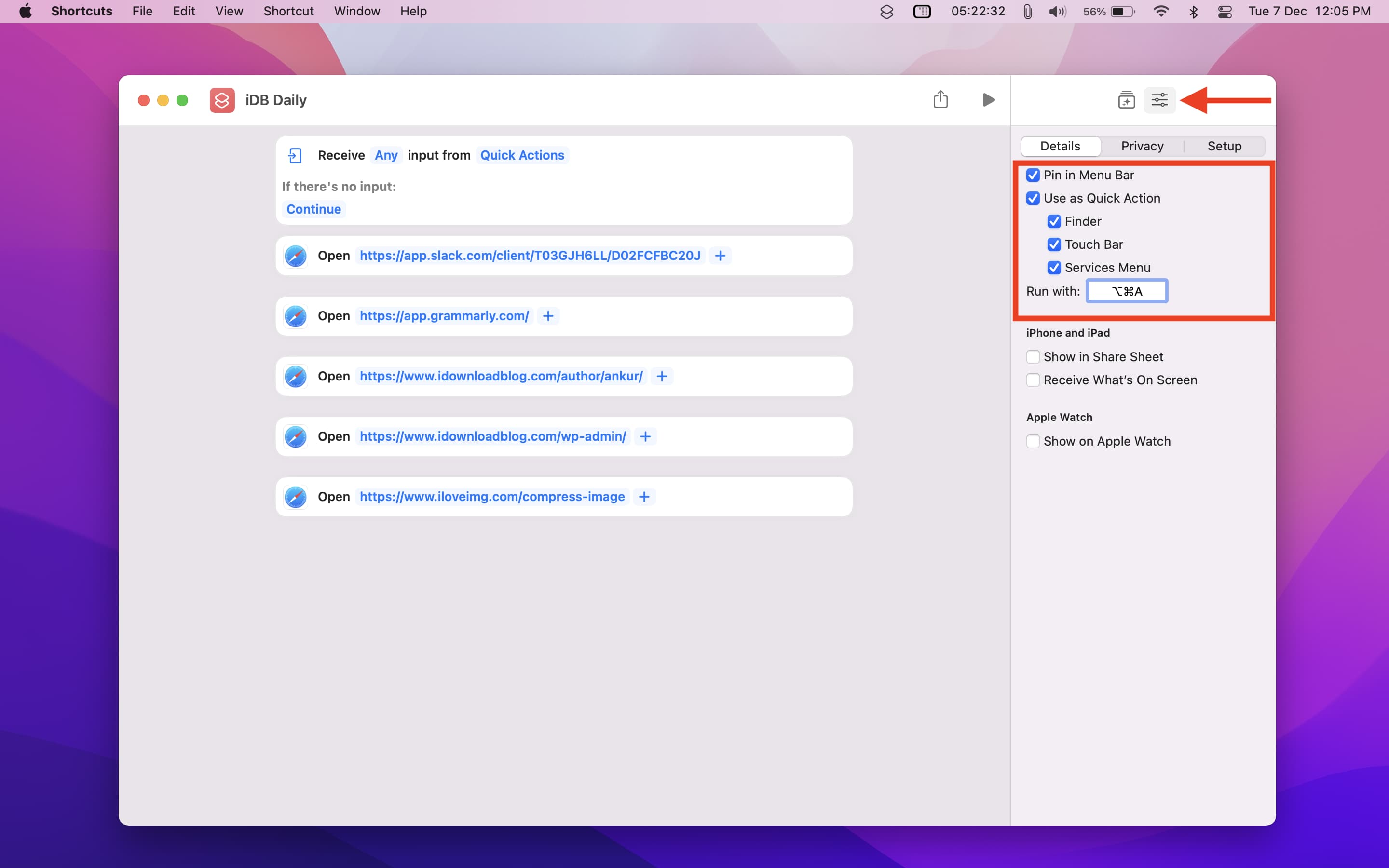 Shortcut settings on Mac