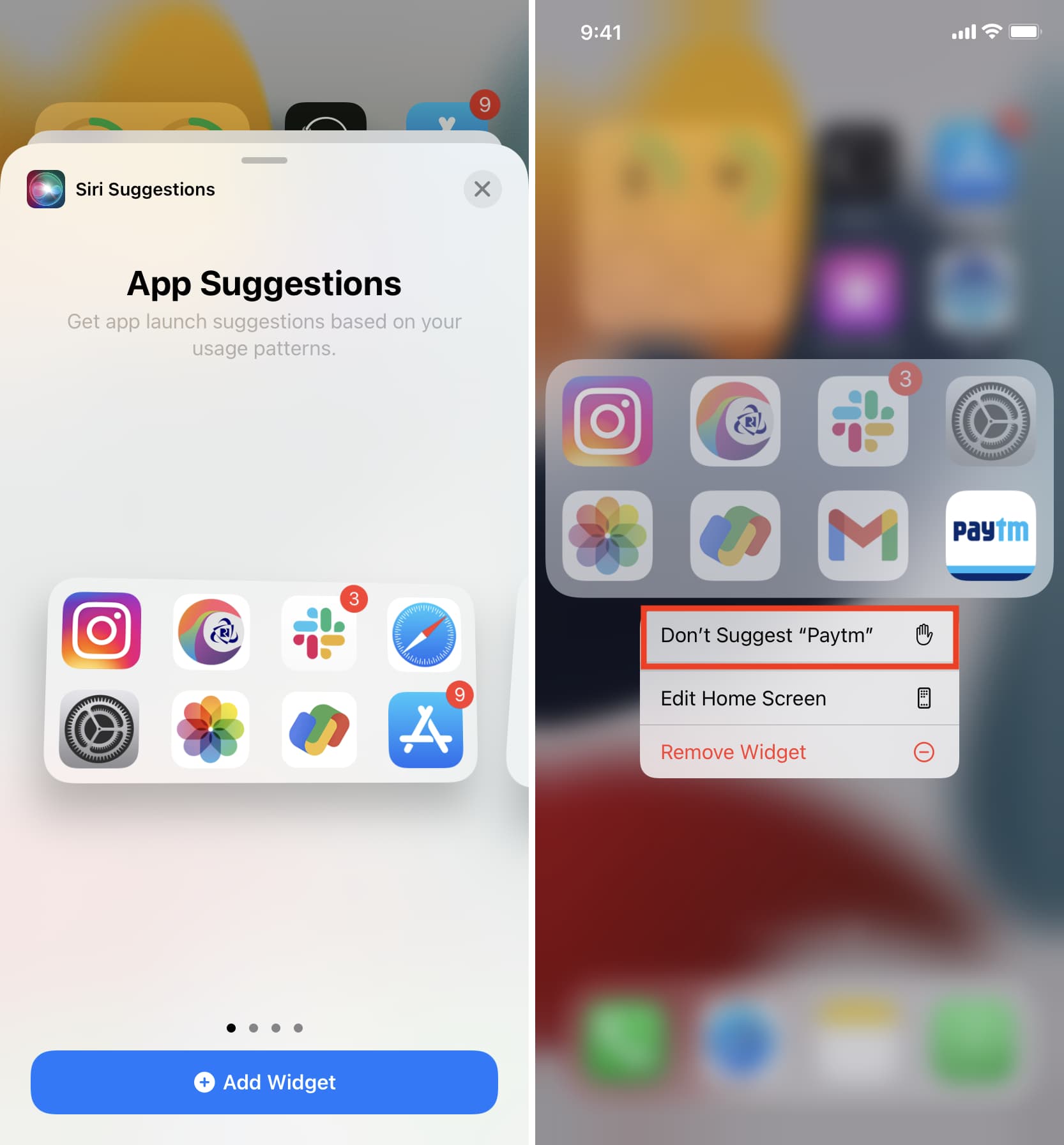 Hide app from Siri app suggestions widget iPhone