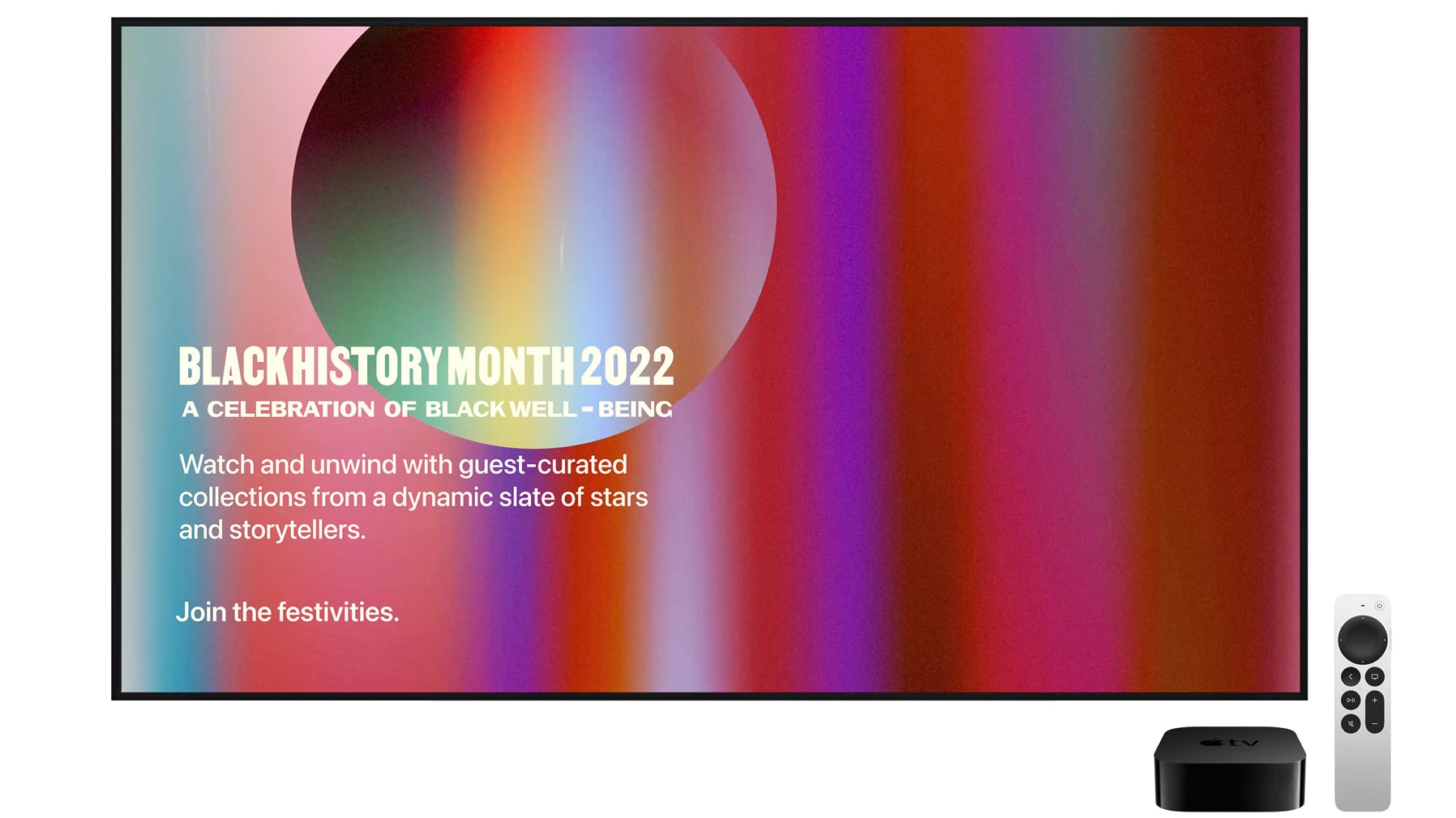 Apple's marketing image showing an Apple TV highlighting content specials to celebrate 2022 Black History Month