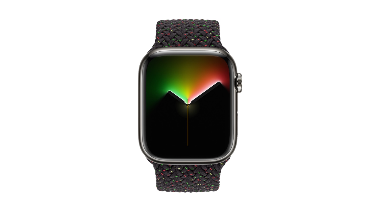 Apple's marketing image showing Black Unity Braided Solo Loop band for Apple Watch along with a special Unity Lights watch face celebrating Black History Month 