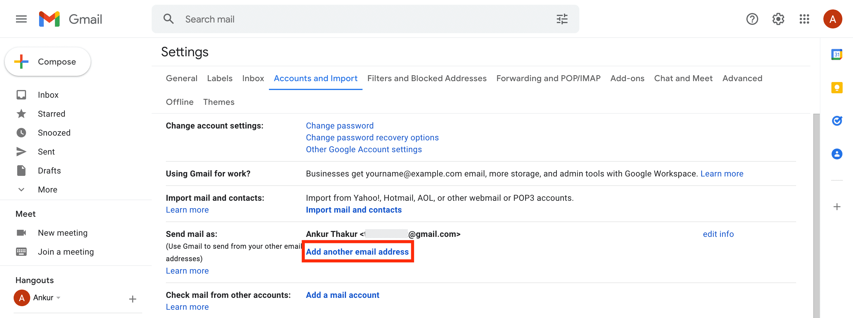 Add another email address in Gmail settings