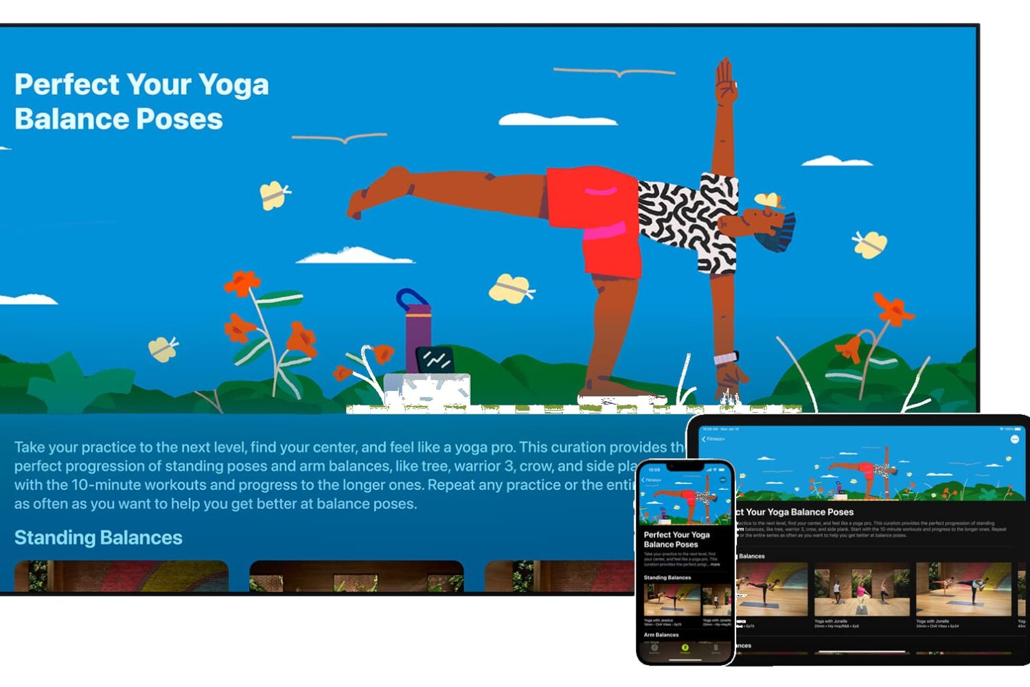 Promotional image showing curated yoga collections on Apple Fitness+ on iPhone, iPad and Apple Watch
