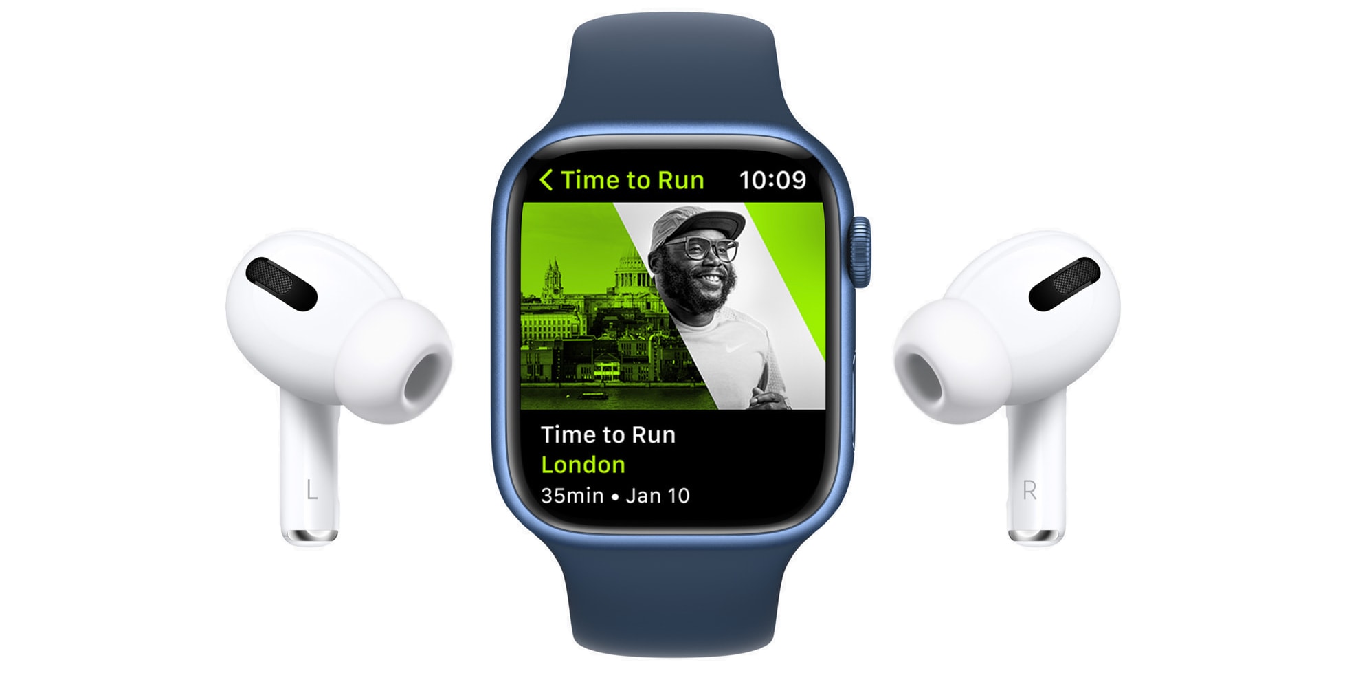 Promotional image showing a Time to Run episode featuring London on Fitness+ on Apple Watch