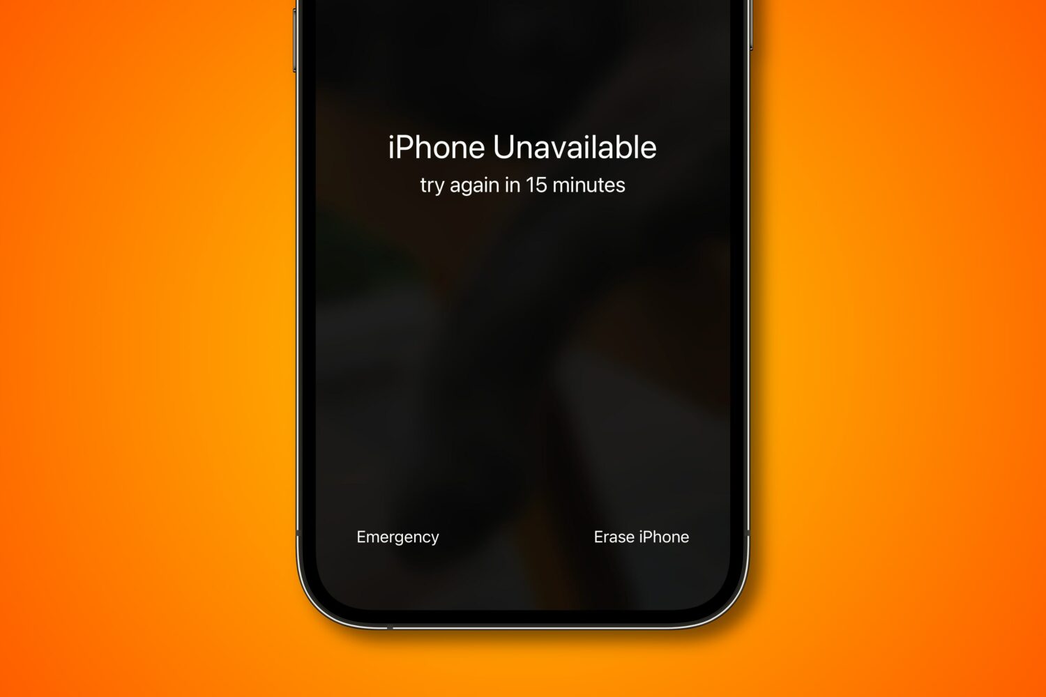 iPhone device screenshot with the "iPhone Unavailable" message on the lock screen and the "Erase iPhone" option in the bottom right, set against a vivid gradient background