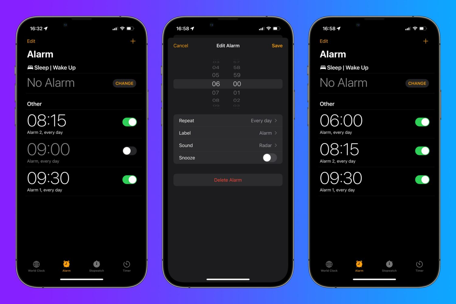 Three iPhone screenshots showing how to just edit an existing alarm without touching the Edit button first