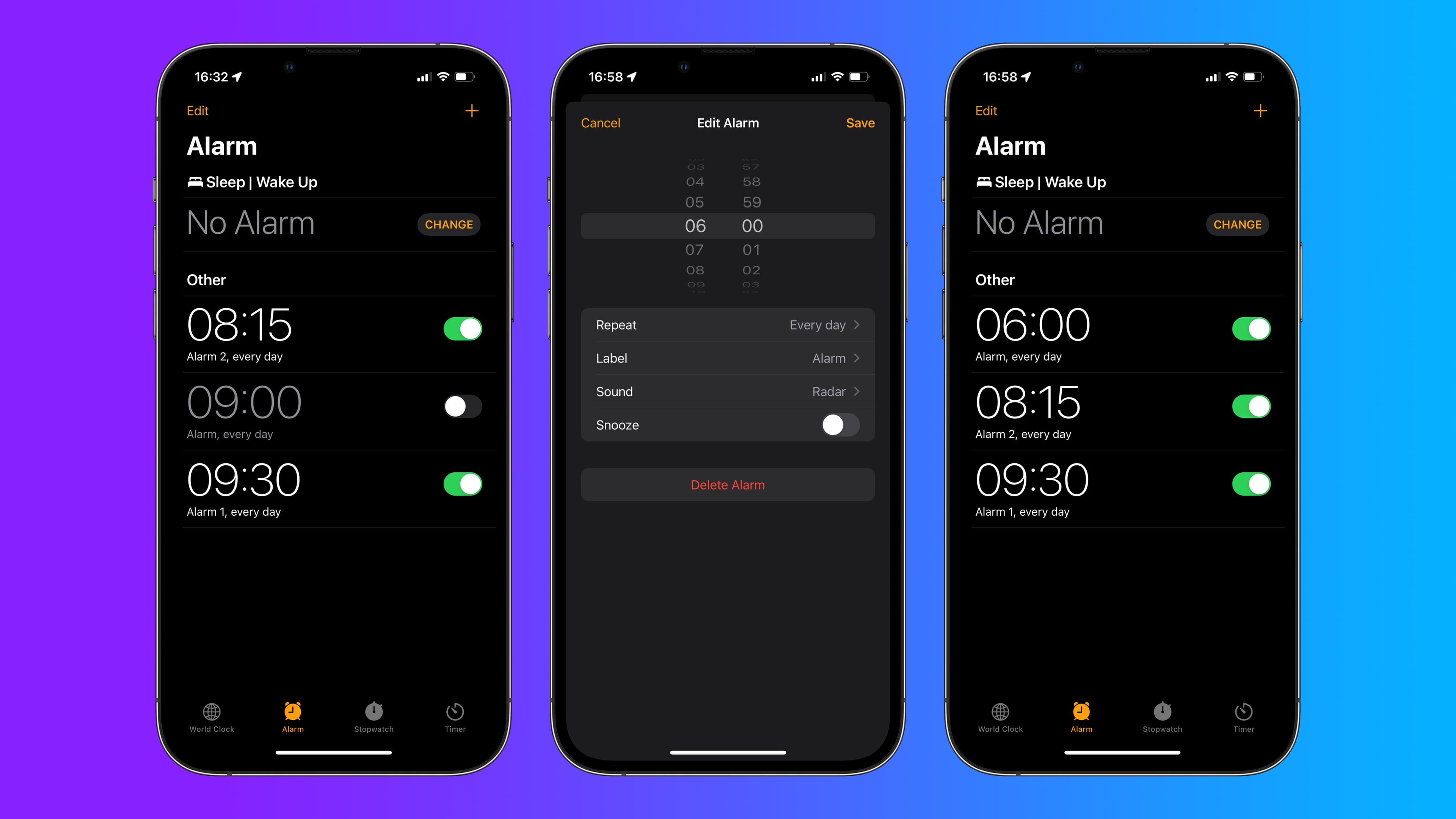 Three iPhone screenshots showing how to just edit an existing alarm without touching the Edit button first 