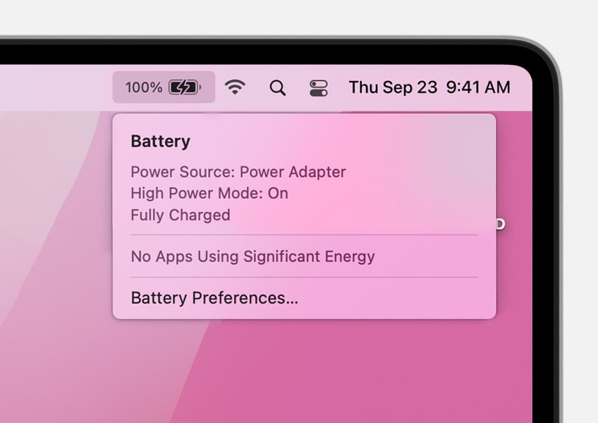Apple's screenshot showing a close up of the menu bar on macOS Monterey with the Battery menu displaying the status of high power mode
