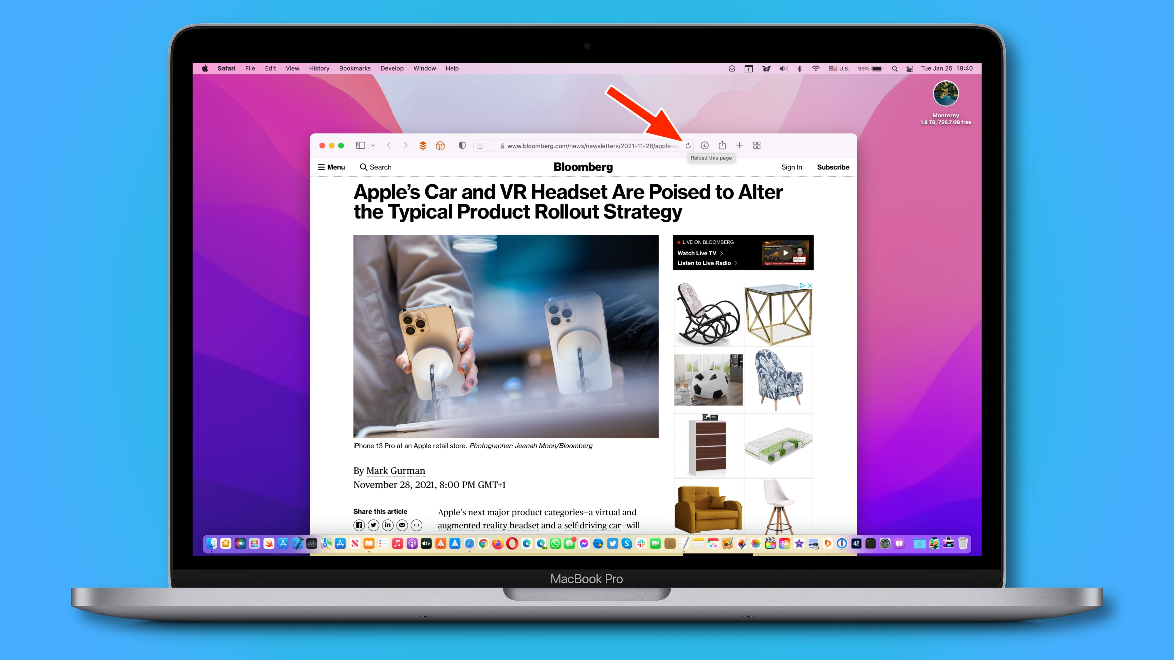 MacBook Pro device screenshot showing Safari on macOS Monterey with the callout on the Reload button within the address bar